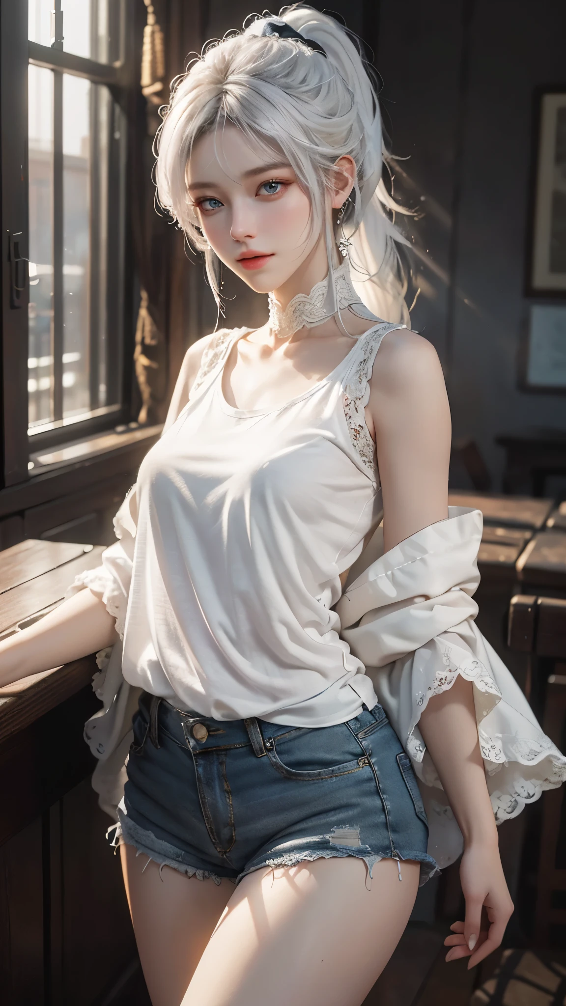 a white hair、Close-up of woman wearing white mask, beautiful figure painting, guweiz, guweiz style artwork, White-haired God, author:Yang Jie, Epic and beautiful character art, Stunning character art, author:Fan Qi, by Wuzhun Shifan, guweiz on pixiv artstation street, single ponytail, Side Mao Insult, high ponytail, tall figure, long legs, (sleeveless lace shirt), (shorts), (striped )), ((striped )), walk, elegant, dignified, feminine, Beautiful curves, sweet smile, Strong sense of detail and layering, Rich and gorgeous colors, Has a unique texture, colorful, Color harmony, vivid, design art, 16k, super detailed, {{illustration}}, {extremely delicate and beautiful}, {Sophisticated finish}, Super detailed, Exquisite glowing eyes, {{movie lighting}}, Extreme light effects, Model: realism, CFG scale: 12, lola: Bright texture (1.35), high quality, masterpiece, Exquisite facial features, Delicate hair depiction, Delicate depiction of eyes, masterpiece, best quality, Ray tracing, Extremely detailed CG unified 8k wallpaper, masterpiece, best quality, (1 girl), perfect female figure, (((tight white t shirt))), beautiful eyes, (delicate face), short black hair, hair tied up, Light blue hairpins, black silk frame glasses, in the classroom, (White skin), (best lighting), (Super intricate details), 4K unified, (super detailed CG), Showing white legs, , hot pants, shorts,