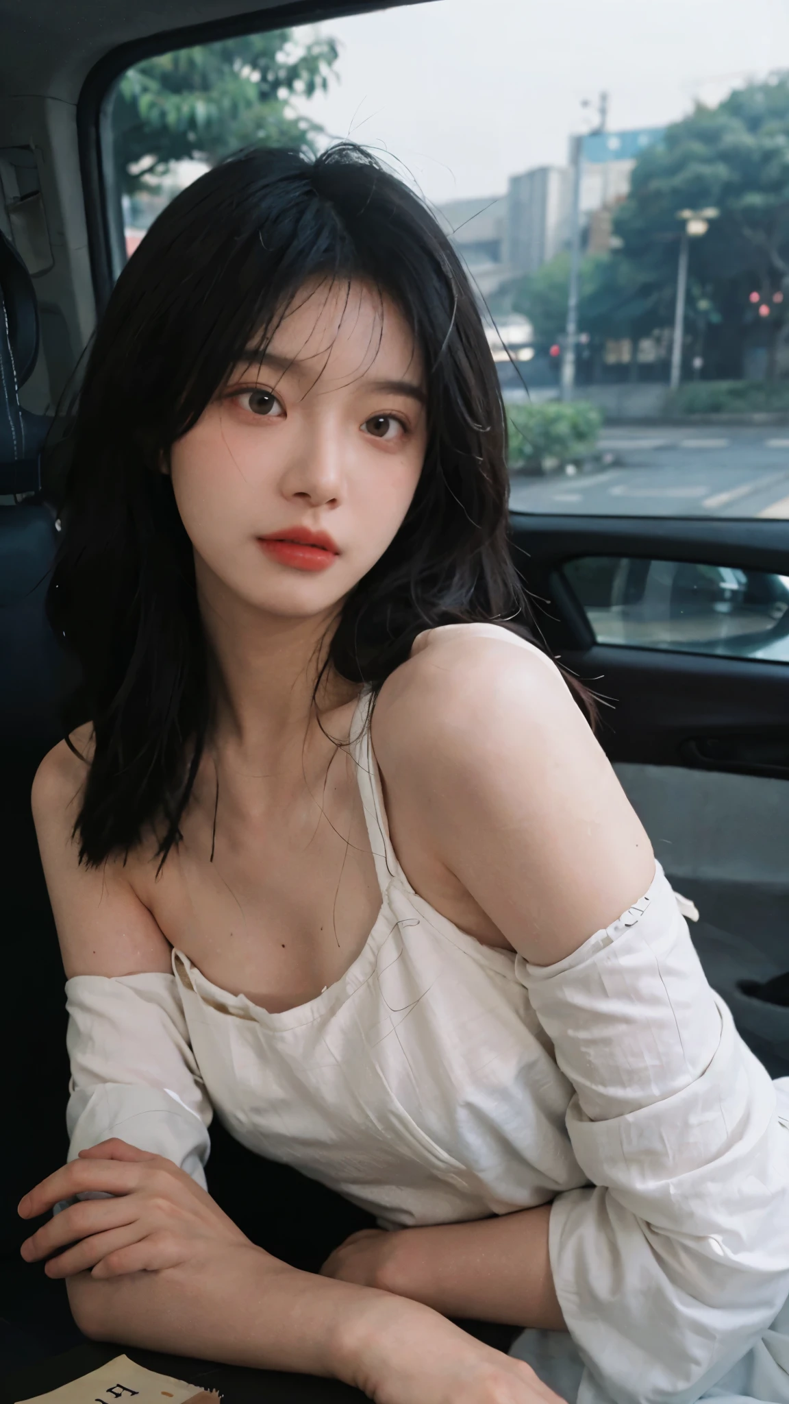 Film portrait photography, 1 girl, bare shoulders, Shoulder length wavy hair, serene, calm, (Realistic and detailed eyes, natural skin texture, Realistic facial details), Soft dramatic lighting, depth of field, Bokeh, Vibrant details, Detailed and detailed, surreal, 35mm film, hazy, ,