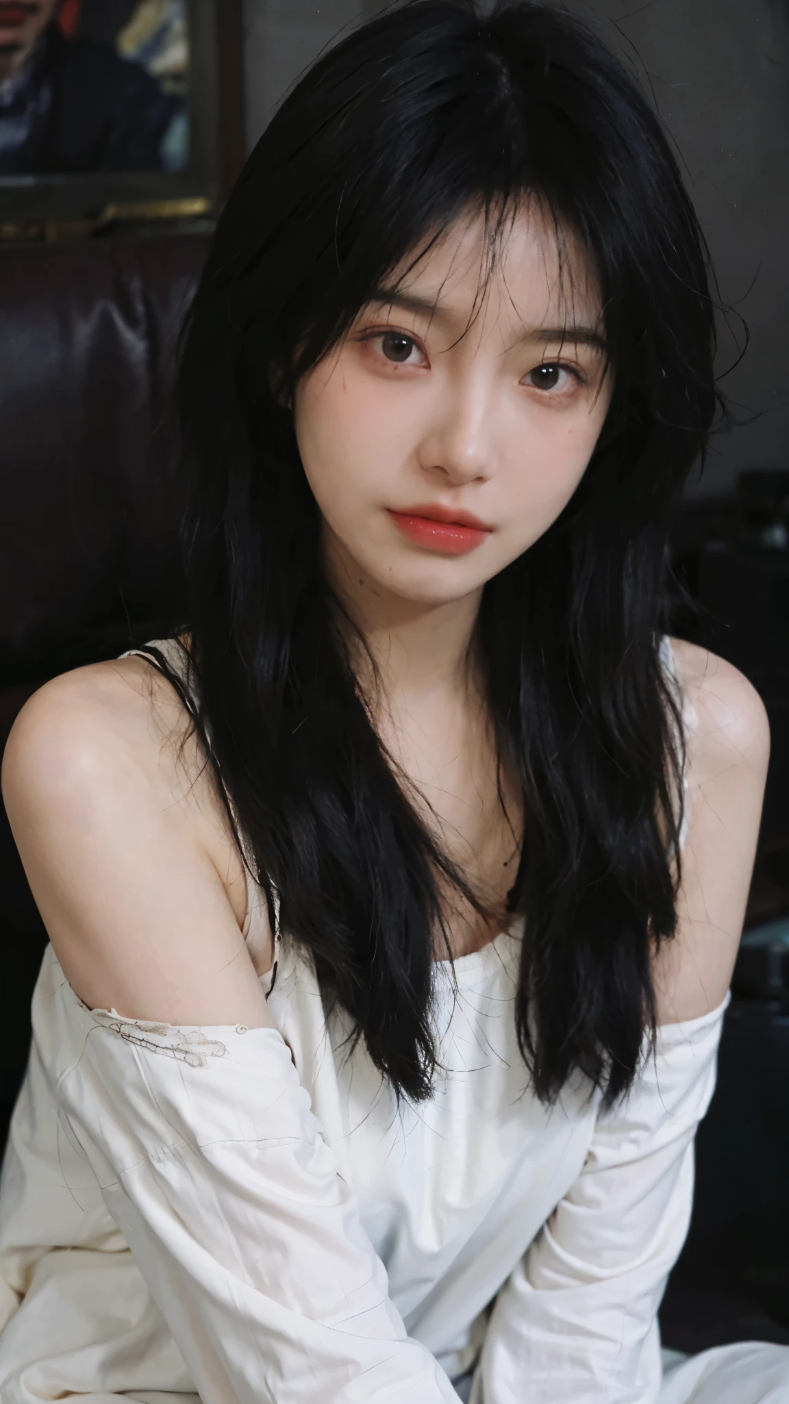 Film portrait photography, 1 girl, bare shoulders, Shoulder length wavy hair, serene, calm, (Realistic and detailed eyes, natural skin texture, Realistic facial details), Soft dramatic lighting, depth of field, Bokeh, Vibrant details, Detailed and detailed, surreal, 35mm film, hazy, ,