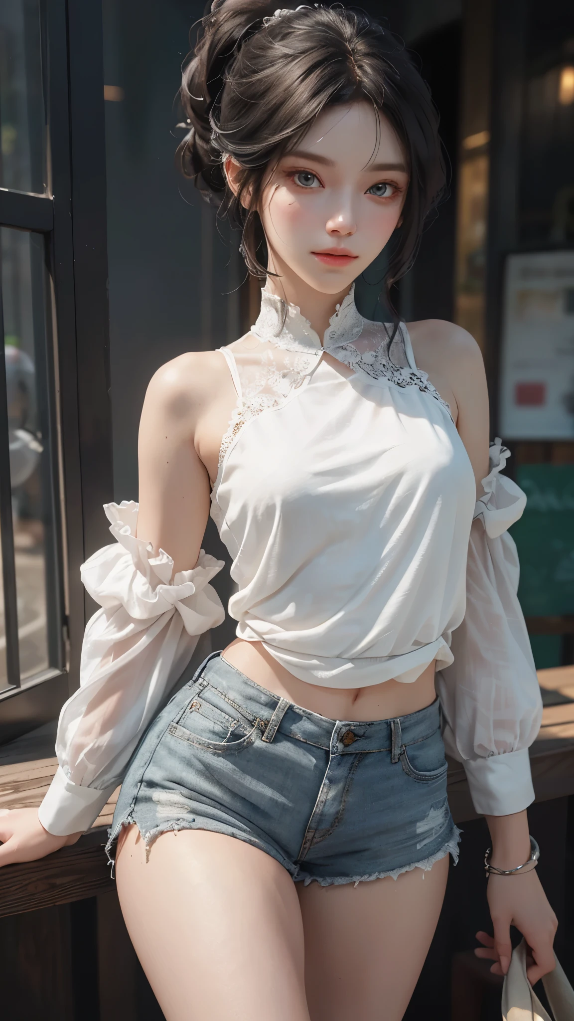 a white hair、Close-up of woman wearing white mask, beautiful figure painting, guweiz, guweiz style artwork, White-haired God, author:Yang Jie, Epic and beautiful character art, Stunning character art, author:Fan Qi, by Wuzhun Shifan, guweiz on pixiv artstation street, single ponytail, Side Mao Insult, high ponytail, tall figure, long legs, (sleeveless lace shirt), (shorts), (striped )), ((striped )), walk, elegant, dignified, feminine, Beautiful curves, sweet smile, Strong sense of detail and layering, Rich and gorgeous colors, Has a unique texture, colorful, Color harmony, vivid, design art, 16k, super detailed, {{illustration}}, {extremely delicate and beautiful}, {Sophisticated finish}, Super detailed, Exquisite glowing eyes, {{movie lighting}}, Extreme light effects, Model: realism, CFG scale: 12, lola: Bright texture (1.35), high quality, masterpiece, Exquisite facial features, Delicate hair depiction, Delicate depiction of eyes, masterpiece, best quality, Ray tracing, Extremely detailed CG unified 8k wallpaper, masterpiece, best quality, (1 girl), perfect female figure, (((tight white t shirt))), beautiful eyes, (delicate face), short black hair, hair tied up, Light blue hairpins, black silk frame glasses, in the classroom, (White skin), (best lighting), (Super intricate details), 4K unified, (super detailed CG), Showing white legs, , hot pants, shorts,