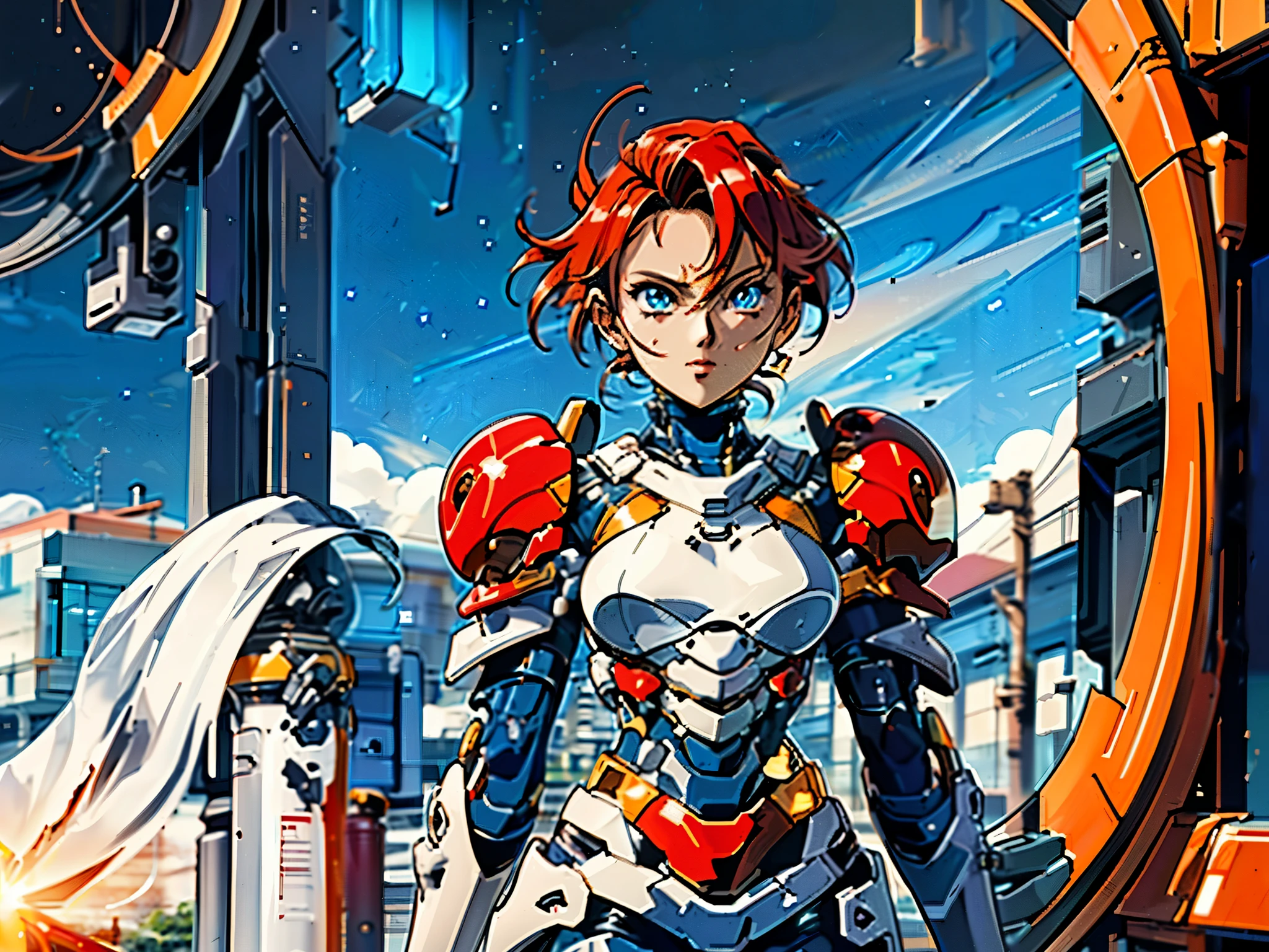 A woman adorned in fantasy-style full-body armor, a crown-concept fully enclosed helmet that unveils only her eyes, a composite layered chest plate, fully encompassing shoulder and hand guards, a lightweight waist armor, form-fitting shin guards, the overall design is heavy-duty yet flexible, ((the armor gleams with a golden glow, complemented by red and blue accents)), exhibiting a noble aura, she floats above a fantasy-surreal high-tech city, this character embodies a finely crafted fantasy-surreal style armored hero in anime style, exquisite and mature manga art style, (Queen bee mixed with Spider concept Armor, plasma, blood), ((Element, energy, elegant, goddess, femminine:1.5)), metallic, high definition, best quality, highres, ultra-detailed, ultra-fine painting, extremely delicate, professional, anatomically correct, symmetrical face, extremely detailed eyes and face, high quality eyes, creativity, RAW photo, UHD, 32k, Natural light, cinematic lighting, masterpiece-anatomy-perfect, masterpiece:1.5