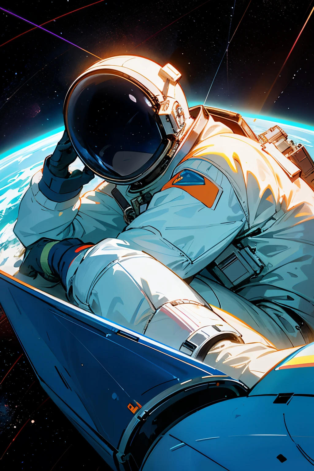 An astronaut lies in the fetal position in the vast expanse of space, far away from the familiar curves of Earth. The planet, now a small blue and green marble, hangs suspended in the inky black background. The astronaut's helmet is reflecting the distant sun's rays, casting a faint glow across the astronaut's closed eyes. Despite the breathtaking view, the astronaut's face is contorted in a mixture of fear, sadness, and exhaustion. The spacesuit, pristine and white, seems out of place against the cold, dark void of space. But even in this isolating and daunting environment, the astronaut manages
