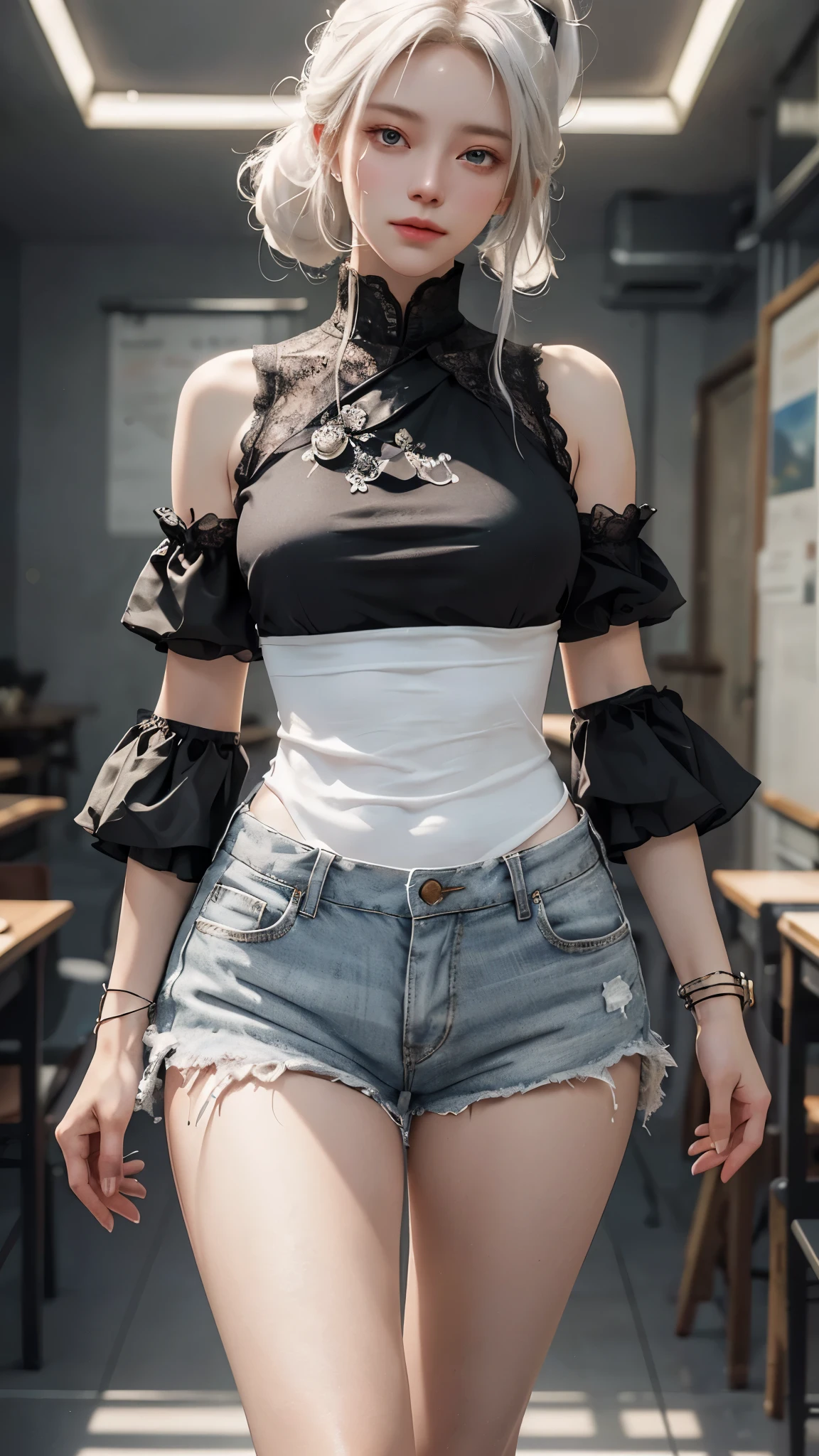 a white hair、Close-up of woman wearing white mask, beautiful figure painting, guweiz, guweiz style artwork, White-haired God, author:Yang Jie, Epic and beautiful character art, Stunning character art, author:Fan Qi, by Wuzhun Shifan, guweiz on pixiv artstation street, single ponytail, Side Mao Insult, high ponytail, tall figure, long legs, (sleeveless lace shirt), (shorts), (striped )), ((striped )), walk, elegant, dignified, feminine, Beautiful curves, sweet smile, Strong sense of detail and layering, Rich and gorgeous colors, Has a unique texture, colorful, Color harmony, vivid, design art, 16k, super detailed, {{illustration}}, {extremely delicate and beautiful}, {Sophisticated finish}, Super detailed, Exquisite glowing eyes, {{movie lighting}}, Extreme light effects, Model: realism, CFG scale: 12, lola: Bright texture (1.35), high quality, masterpiece, Exquisite facial features, Delicate hair depiction, Delicate depiction of eyes, masterpiece, best quality, Ray tracing, Extremely detailed CG unified 8k wallpaper, masterpiece, best quality, (1 girl), perfect female figure, (((tight white t shirt))), beautiful eyes, (delicate face), short black hair, hair tied up, Light blue hairpins, black silk frame glasses, in the classroom, (White skin), (best lighting), (Super intricate details), 4K unified, (super detailed CG), Showing white legs, , hot pants, shorts,