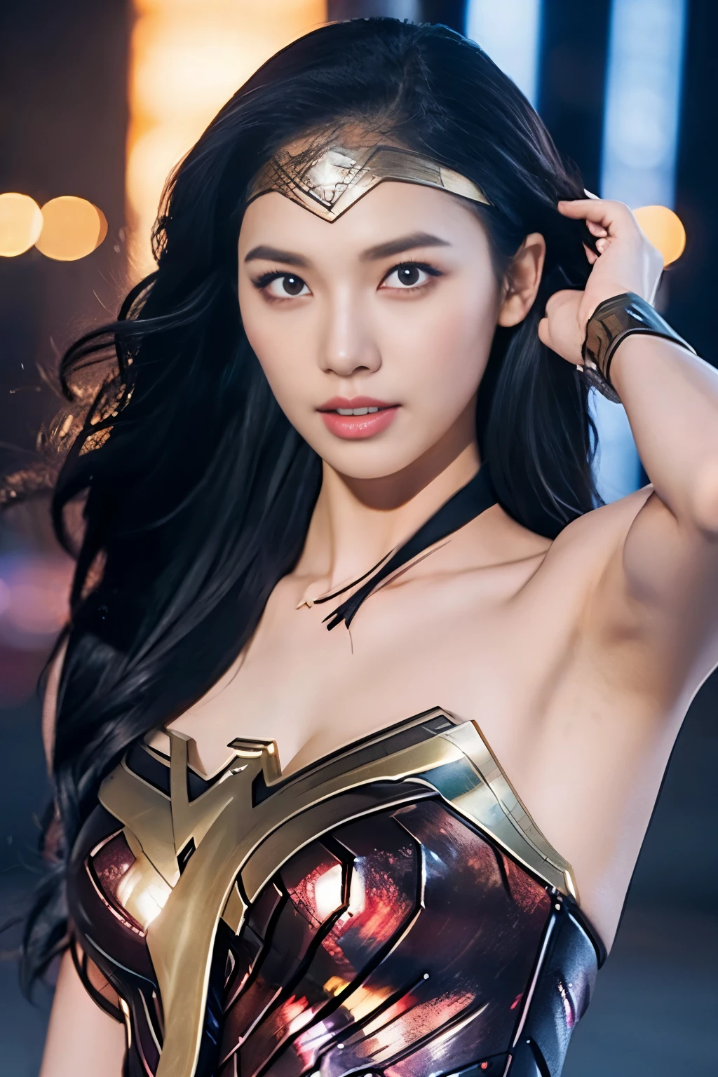 It's raining heavily,water dripping、wet wonder woman、drenched wonder woman,wet hair,masterpiece、1 beautiful girl、fine eyes、puffy eyes、highest quality, 超High resolution, (reality: 1.4), movie lighting、Japanese、asian beauty、Korean、super beautiful、beautiful skin、body facing forward、close up of face、(超reality的な)、(High resolution)、(8k)、(very detailed)、(美しくfine eyes)、(Super detailed)、 (wall-)、detailed face、bright lighting、professional lighting、looking at the viewer、look straight ahead、slanted bangs、brown hair、Nogizaka Idol、korean idol、fiery idol pose、、25 years old、wonder woman cosplay,wonder woman tiara