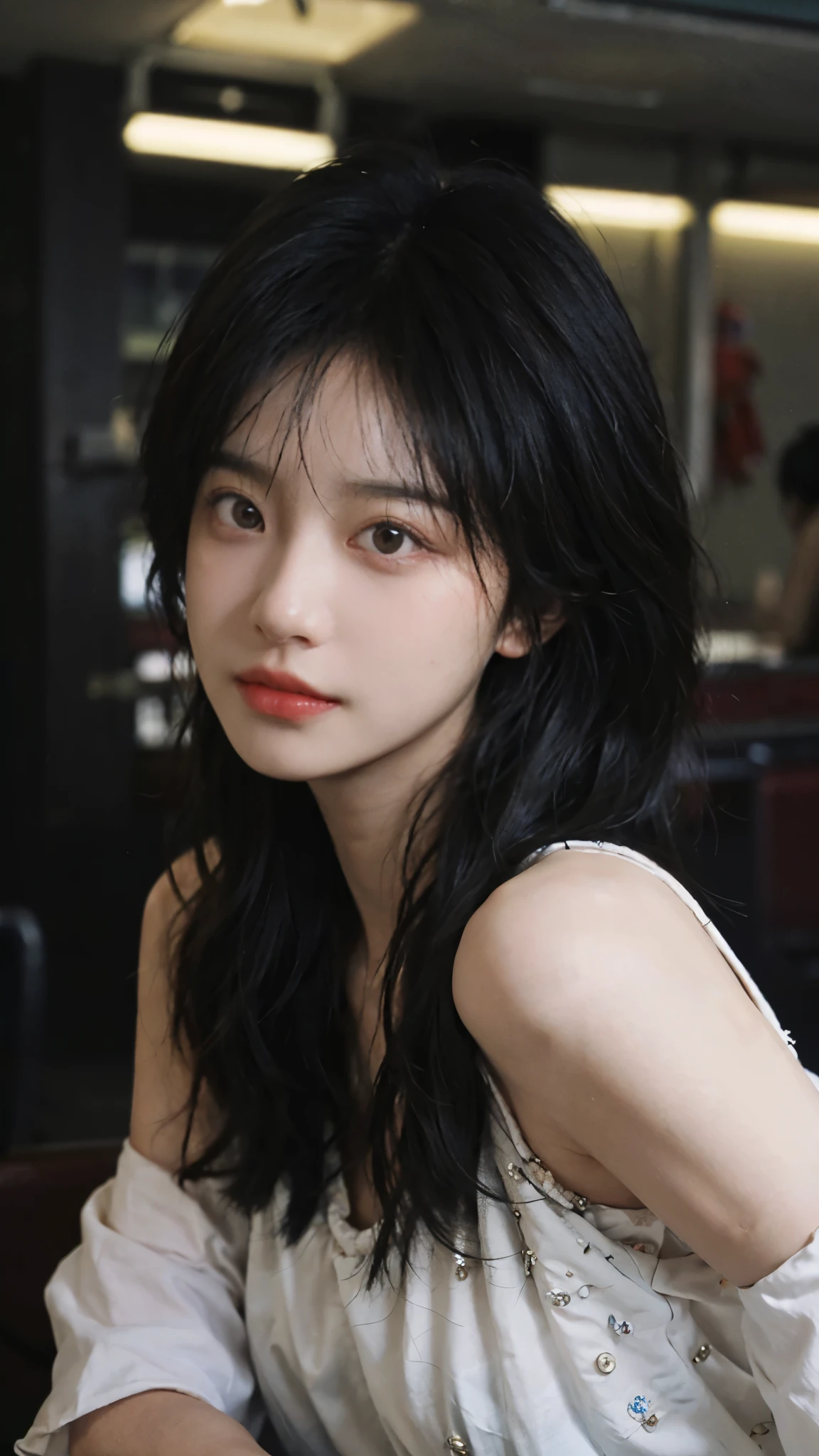 Film portrait photography, 1 girl, bare shoulders, Shoulder length wavy hair, serene, calm, (Realistic and detailed eyes, natural skin texture, Realistic facial details), Soft dramatic lighting, depth of field, Bokeh, Vibrant details, Detailed and detailed, surreal, 35mm film, hazy, ,