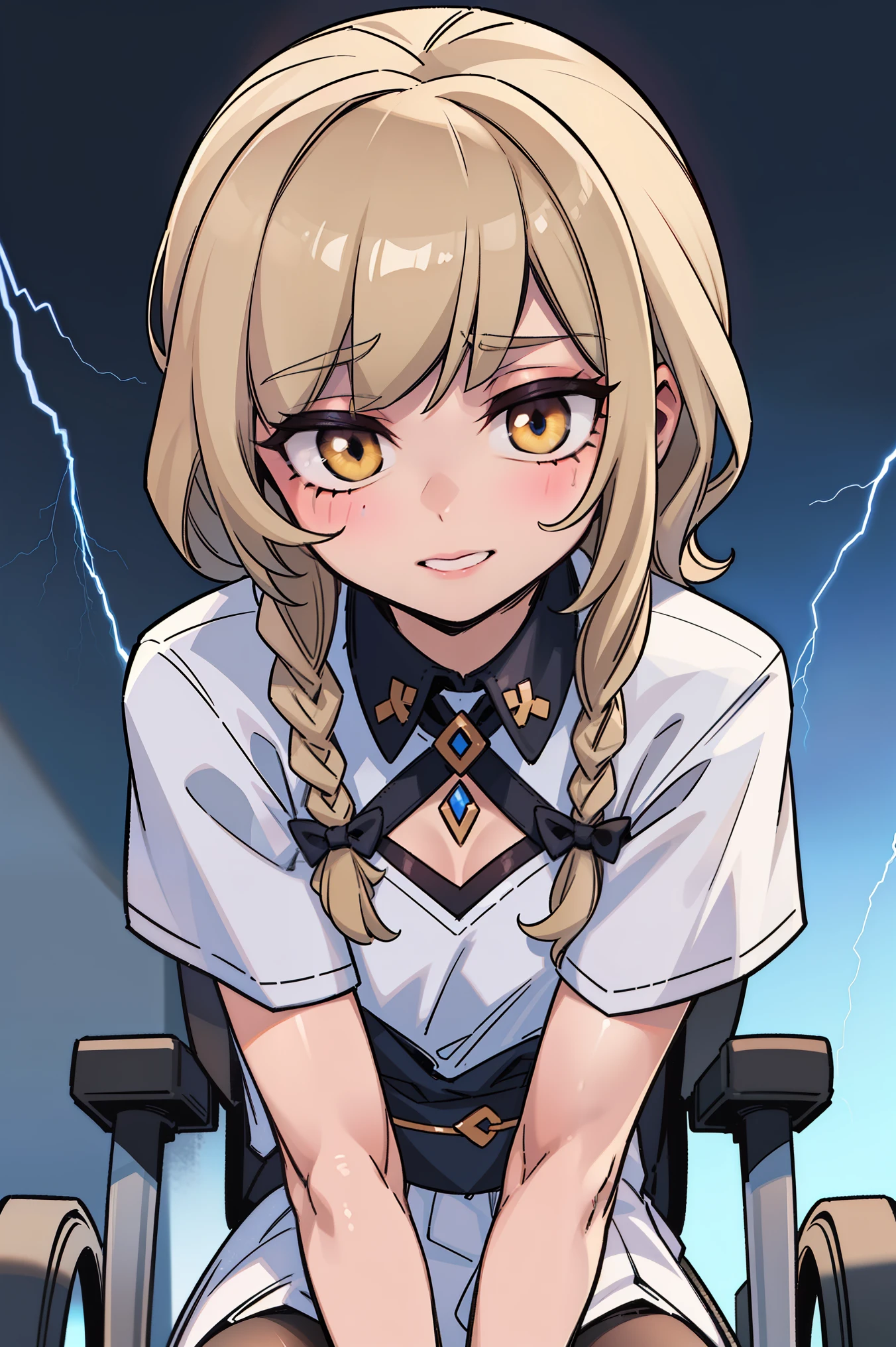 (masterpiece, best quality, ultra high quality:1.1), from below shot, 1girl, solo, human girl, young with short hair, blonde beige hair, short hair with long locks, very long locks messy hair, long bangs, hair between eyes, gray eyes, small breasts, flat chest, neutral, innexpressive, small smile, wearing a white sundress, leggings, black pantyhose, legs, upper body, ((wheelchair)), sitting on a wheelchair, leaning forward, hands on knees, (upper body, volumetric lightning), white background, simple background,