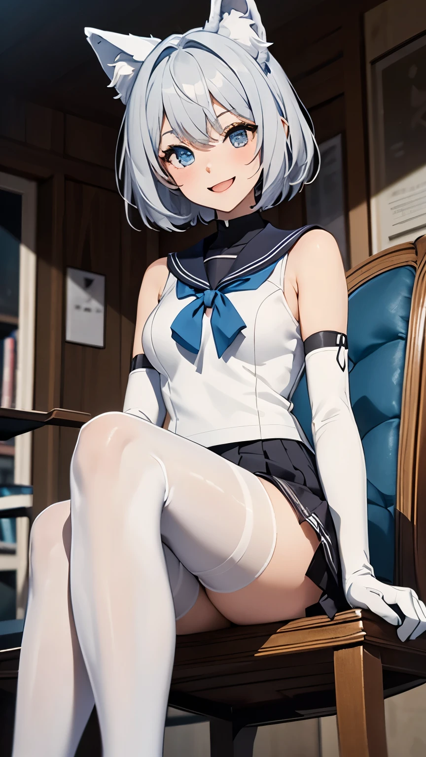 An illustration　girl　18-year-old　short bob　super mini skirt　blue eyes　vest bust　Racy line　constriction　sitting　white hair　open your legs a little　