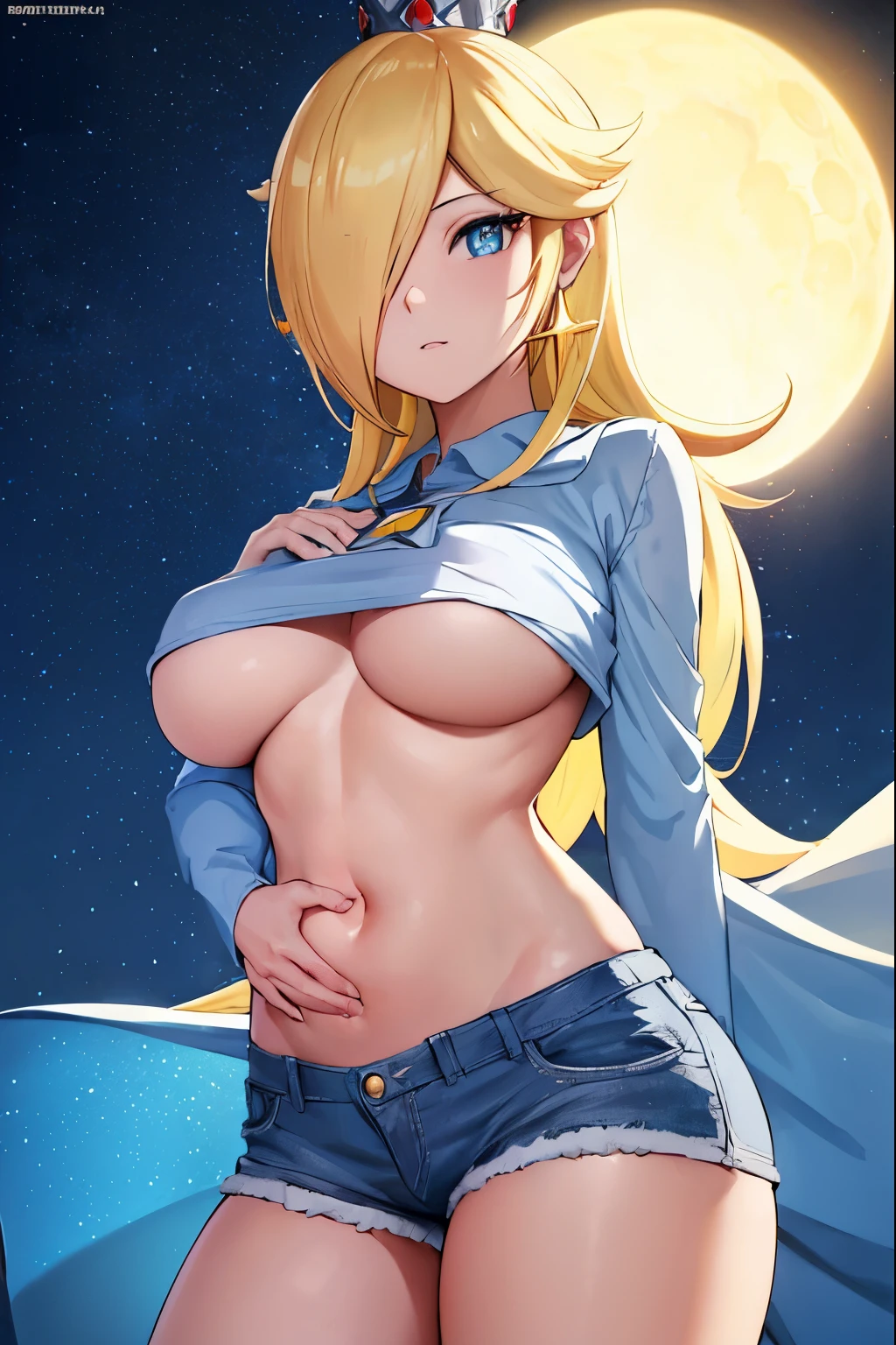 Rosalina, Rosalina, Blonde hair, blue eyes, hair over one eye, long hair, micro shorts, white shorts, lower part of the breasts showing, blouse lifted showing part of the breasts, belly showing, crown, earrings, jewelry, princess , star earrings, BREAK night, night sky, sky, star\ (sky\), star \(symbol\), space, sun, BREAK looking at the viewer, (cowboy photo: 1.5), BREAK (art: 1.2 ), best quality, high resolution, 8k unity wallpaper, (artwork: 0.8), (beautiful detailed eyes: 1.6), extremely detailed face, perfect lighting, extremely detailed CG, (perfect hands, anatomy perfect),