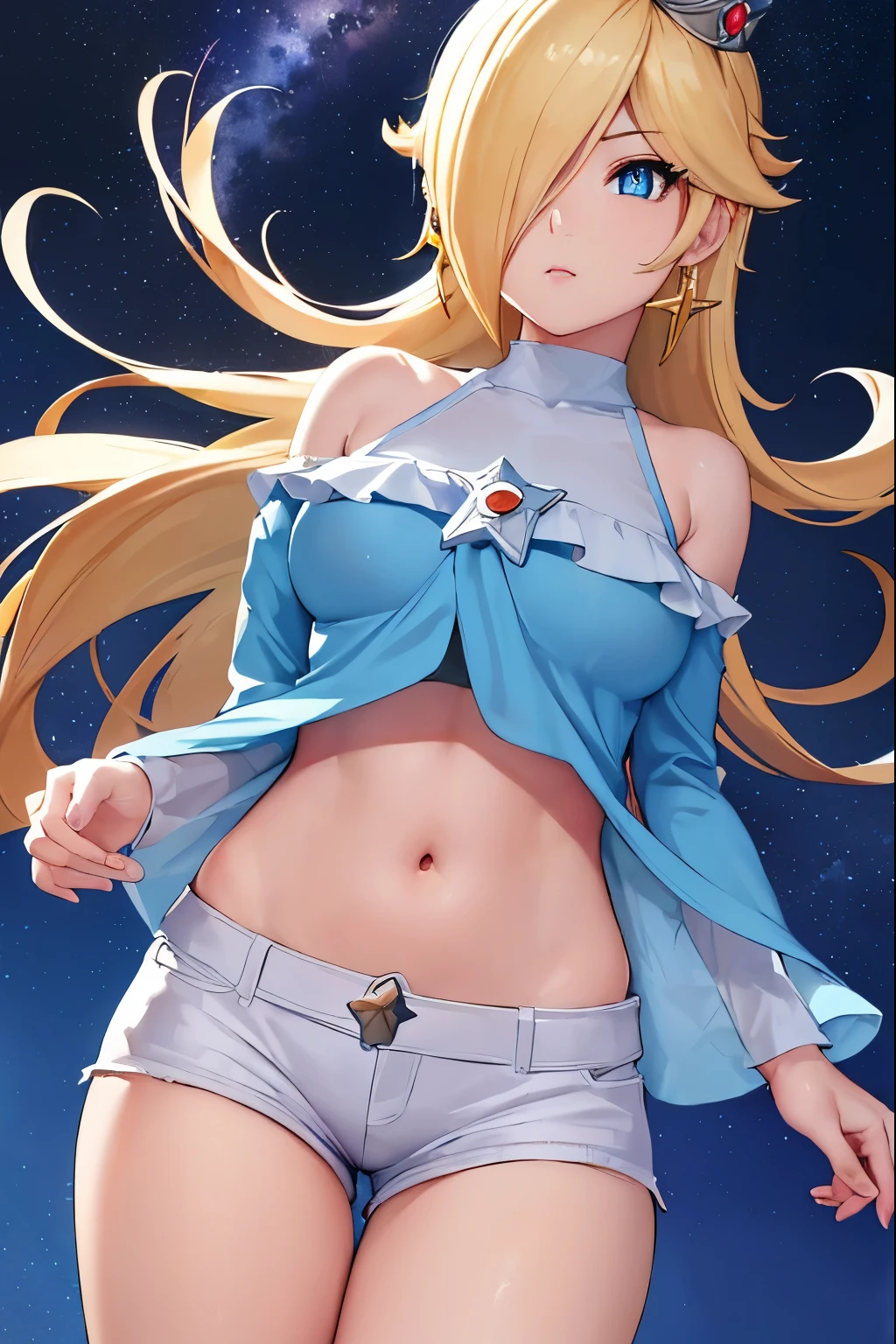 Rosalina, Rosalina, Blonde hair, blue eyes, hair over one eye, long hair, micro shorts, white shorts, lower part of the breasts showing, blouse lifted showing part of the breasts, belly showing, crown, earrings, jewelry, princess , star earrings, BREAK night, night sky, sky, star\ (sky\), star \(symbol\), space, sun, BREAK looking at the viewer, (cowboy photo: 1.5), BREAK (art: 1.2 ), best quality, high resolution, 8k unity wallpaper, (artwork: 0.8), (beautiful detailed eyes: 1.6), extremely detailed face, perfect lighting, extremely detailed CG, (perfect hands, anatomy perfect),