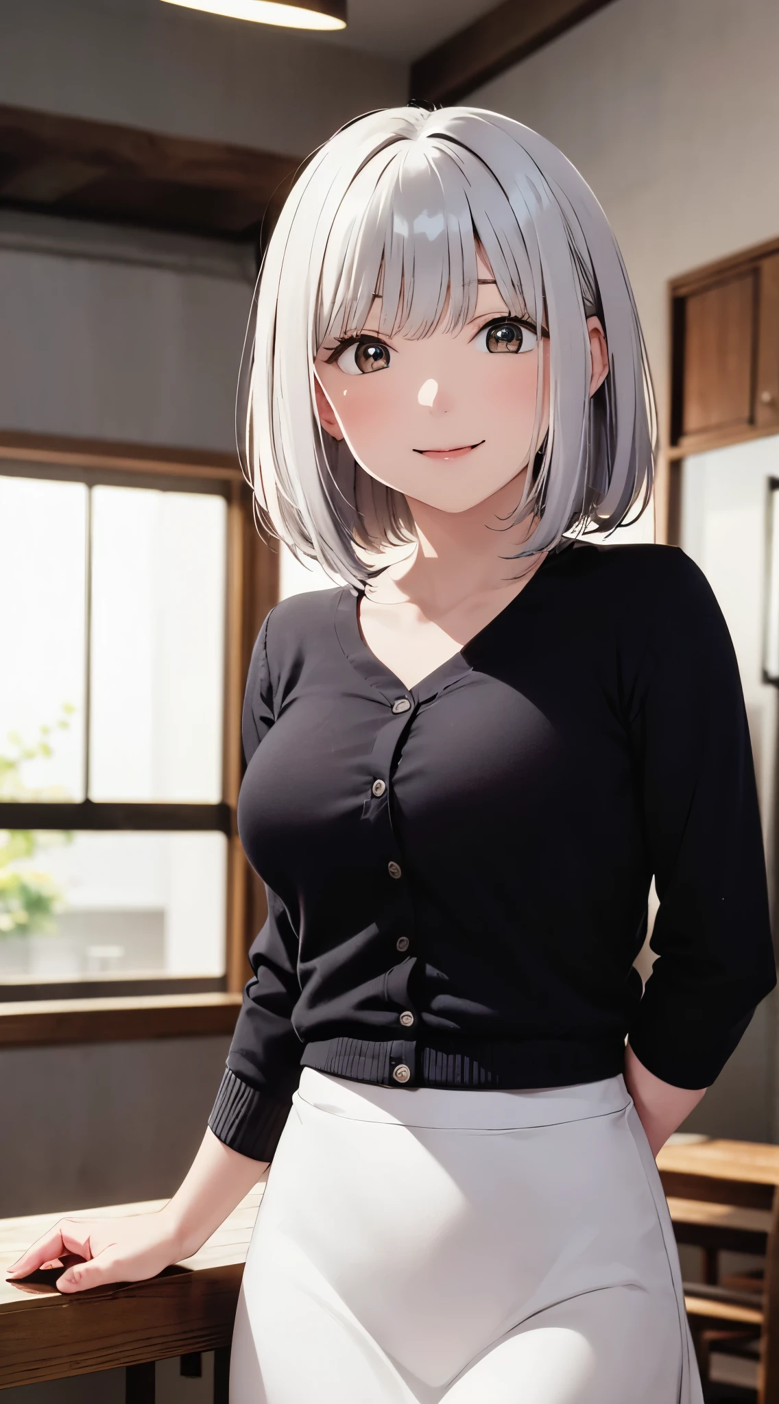 best quality, detailed face, highres, 1girl, 28yo, middle breast, smile, good anatomy, soft focus, cinematic lighting, depth of field, ((happy expression)), outdoor, white hair, shirts, cardigan, long skirt