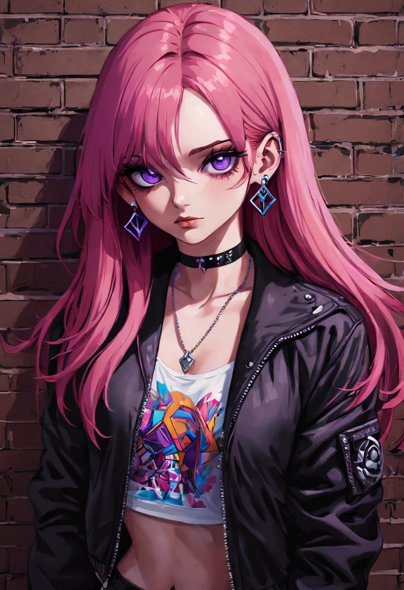 (masterpiece, best quality, 1girl, solo, intricate details, chromatic aberration), realistic,long hair, pink hair, red head ornament, pink highlights, hair over one eye,purple eyes, earrings, sharp eyes, choker, neon shirt, open jacket, crop top, (symmetry eyes),(perfect symmetrical body),against wall, brick wall, graffiti, dim lighting, alley ,look at viewer