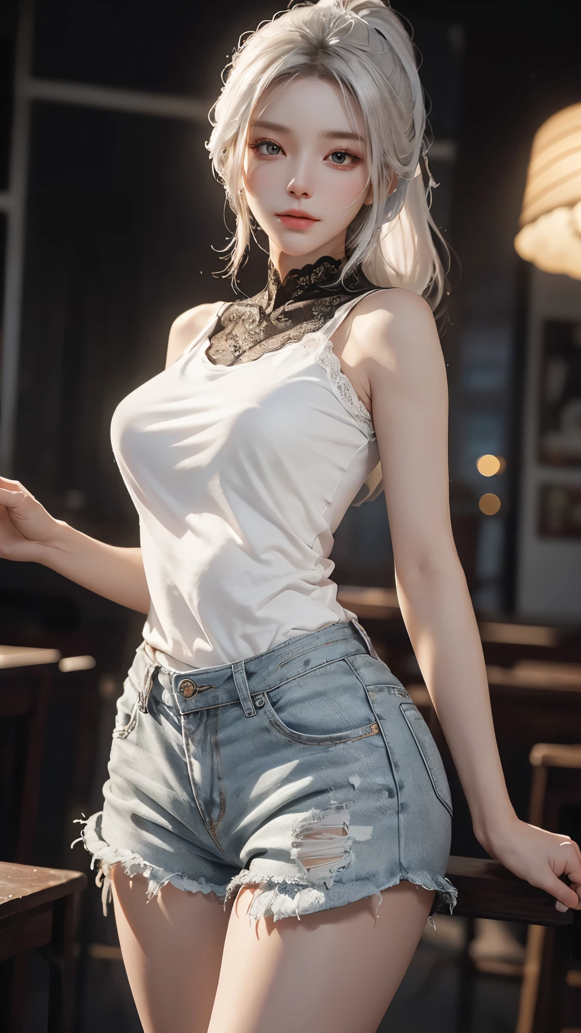 a white hair、Close-up of woman wearing white mask, beautiful figure painting, guweiz, guweiz style artwork, White-haired God, author:Yang Jie, Epic and beautiful character art, Stunning character art, author:Fan Qi, by Wuzhun Shifan, guweiz on pixiv artstation street, single ponytail, Side Mao Insult, high ponytail, tall figure, long legs, (sleeveless lace shirt), (shorts), (striped )), ((striped )), walk, elegant, dignified, feminine, Beautiful curves, sweet smile, Strong sense of detail and layering, Rich and gorgeous colors, Has a unique texture, colorful, Color harmony, vivid, design art, 16k, super detailed, {{illustration}}, {extremely delicate and beautiful}, {Sophisticated finish}, Super detailed, Exquisite glowing eyes, {{movie lighting}}, Extreme light effects, Model: realism, CFG scale: 12, lola: Bright texture (1.35), high quality, masterpiece, Exquisite facial features, Delicate hair depiction, Delicate depiction of eyes, masterpiece, best quality, Ray tracing, Extremely detailed CG unified 8k wallpaper, masterpiece, best quality, (1 girl), perfect female figure, (((tight white t shirt))), beautiful eyes, (delicate face), short black hair, hair tied up, Light blue hairpins, black silk frame glasses, in the classroom, (White skin), (best lighting), (Super intricate details), 4K unified, (super detailed CG), Showing white legs, , hot pants, shorts,