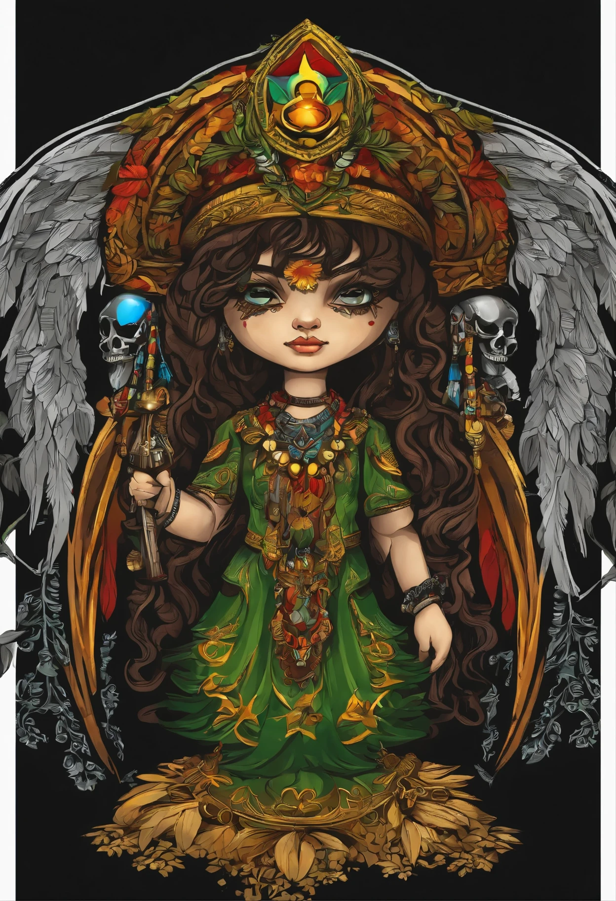 t-shirt art, 2D, ((black background :1, 5)), vector, vivid colors, chibi rasta outfit character, masterpiece, best quality, intricate details, perfect symmetrical face, realistic details, gothic theme, rim light, moonlight, cinematic shading, Greg Rutkowisk