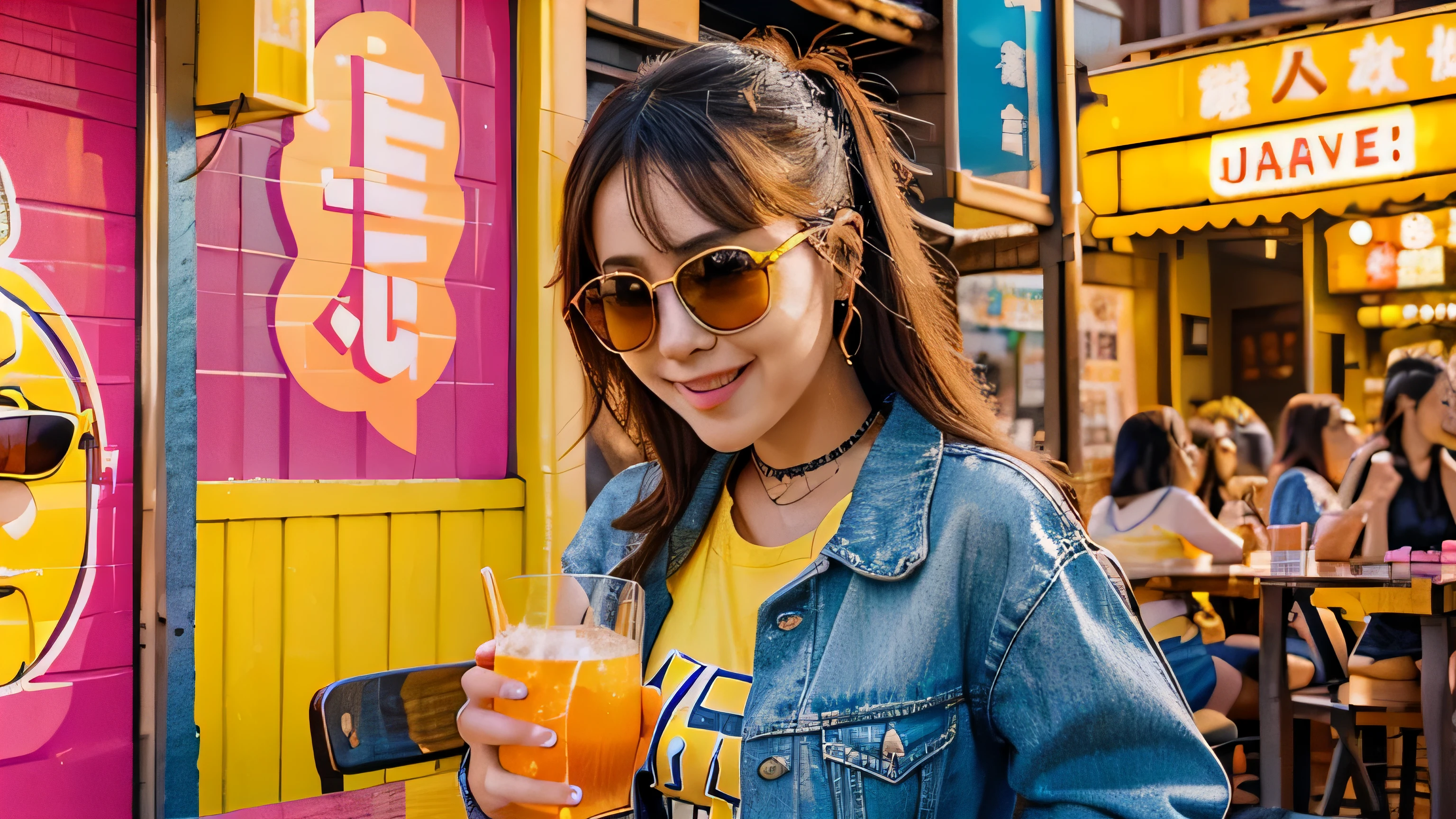 an illustration of a stylish happy girl 18-25 age with sunglasses holding a glass of orange juicy, in the style of yoh nagao, lively tavern scenes, outdoors and, yellow and pink, drugcore, cult party kei, fragmented advertising, playful use of line.