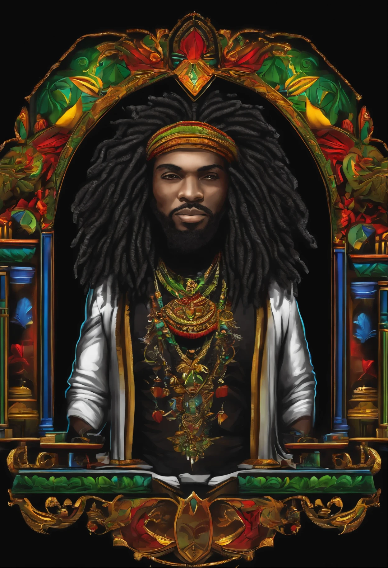 t-shirt art, 2D, ((black background :1, 5)), vector, vivid colors, chibi rasta outfit character, masterpiece, best quality, intricate details, perfect symmetrical face, realistic details, gothic theme, rim light, moonlight, cinematic shading, Greg Rutkowisk