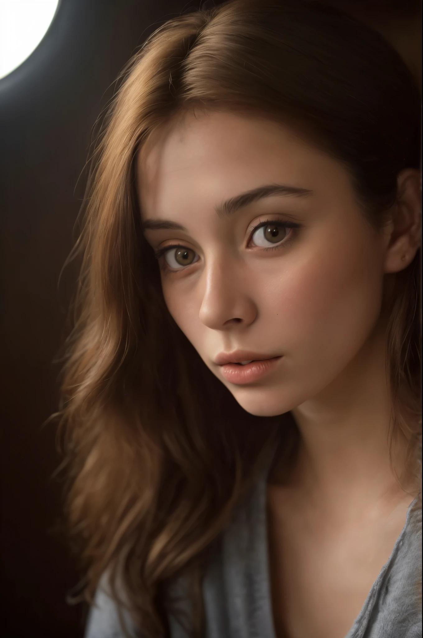 (Fermer, editorial photography of'une femme de 21 ans), (very detailed face:1.4) (sourire:0.7) (background to the'interior of the'darkness, lunatique, private study:1.3) Point de vue, par Lee Jeffries, Nikon D850, photographie de pellicule ,4 codes portra 400 ,f1 camera.6 lentilles ,couleurs riches ,hyper realistic ,Realistic texture, dramatic lighting , cinema 800,