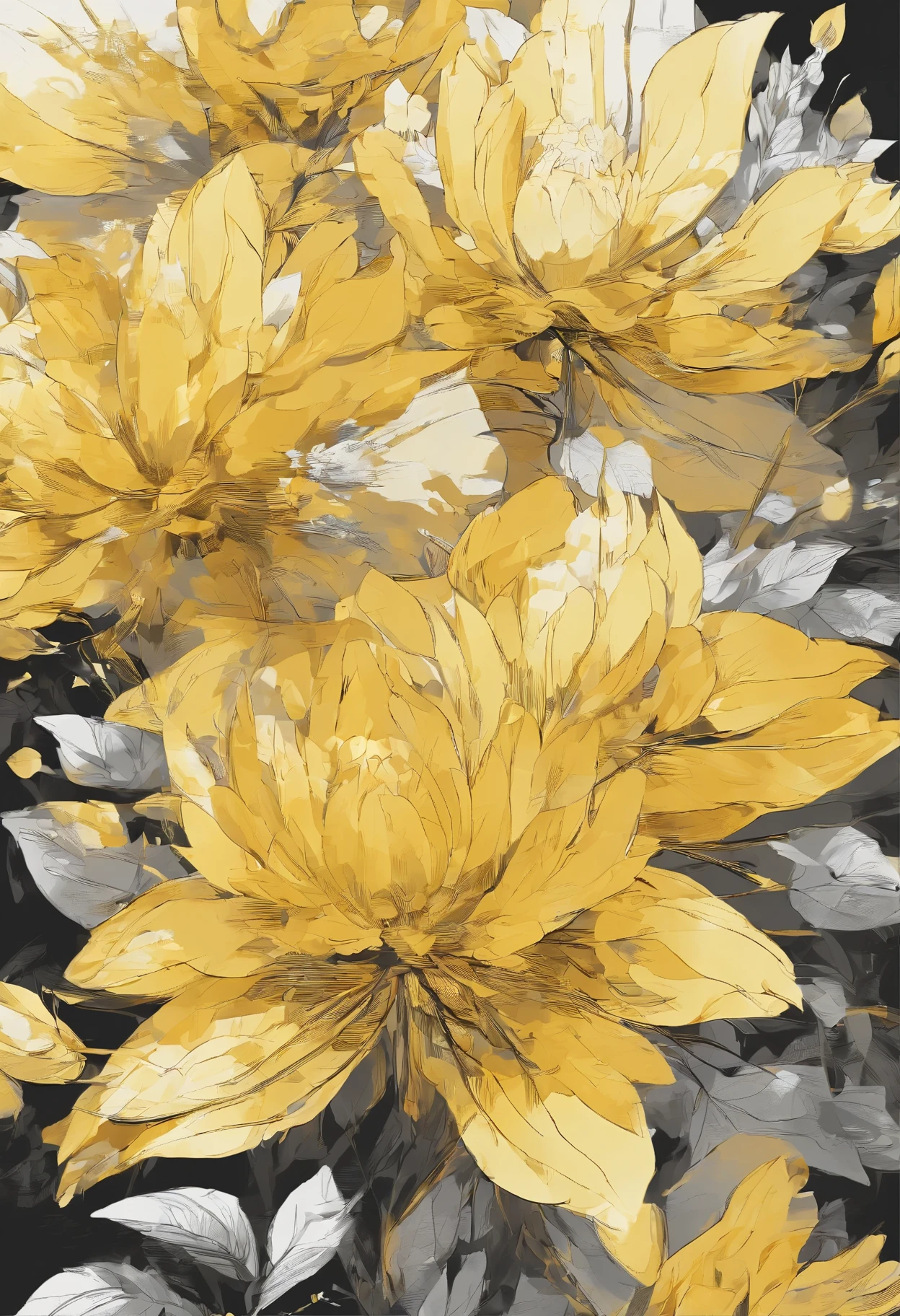 flower, tree-leaves flower, yellow flower, digital art, masterpiece, black background, no background, semi-realistic,