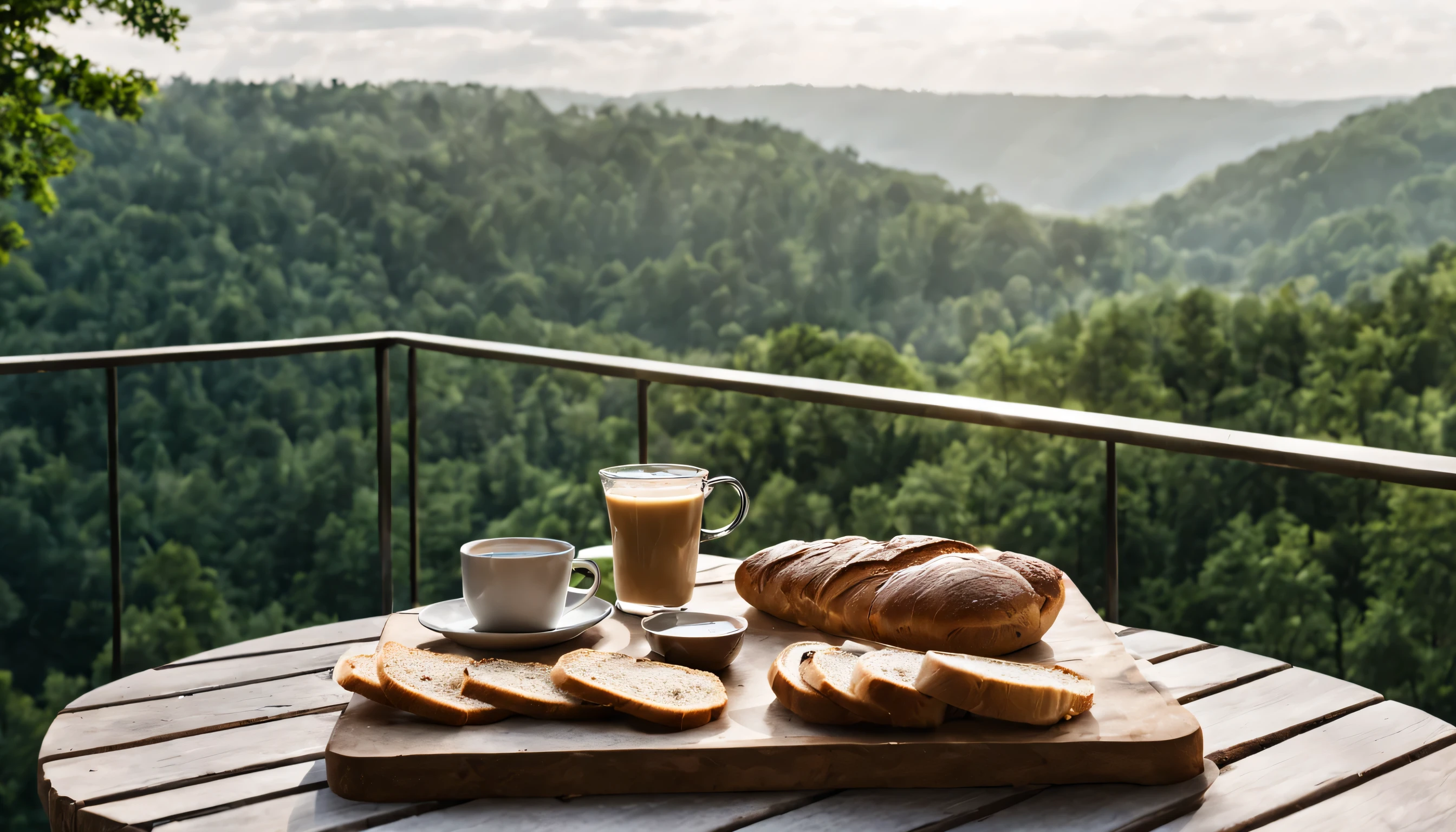 a table with several coffee and bread on it, a balcony on a cliff overlooking a forest full of trees, morning sunlight, a very natural atmosphere
