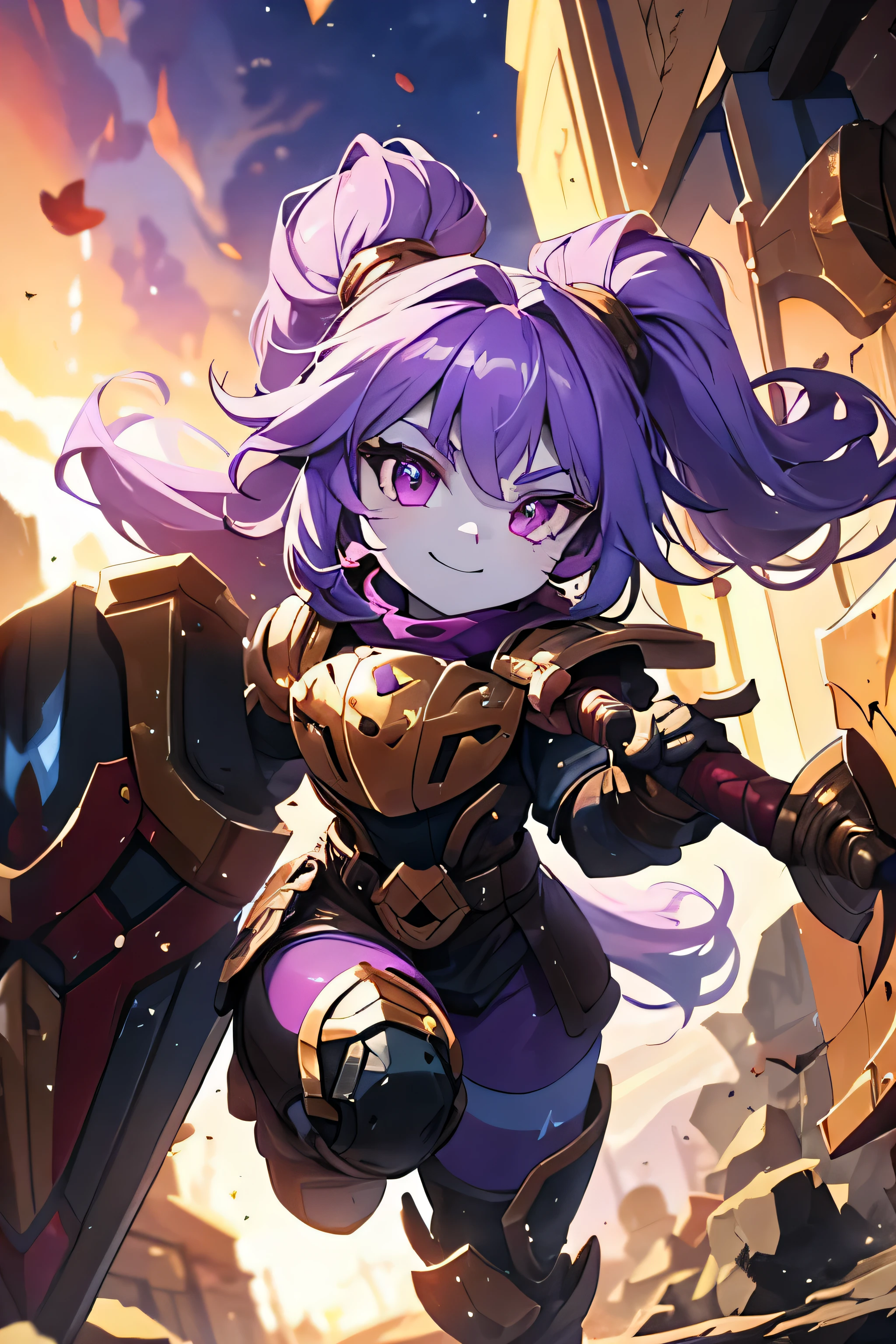 Garota Yordle, Vestindo Armadura Pesada de Paladino, cabelo roxo, playful smile, golden eyes and fur, behind a shield much bigger than her, action stance