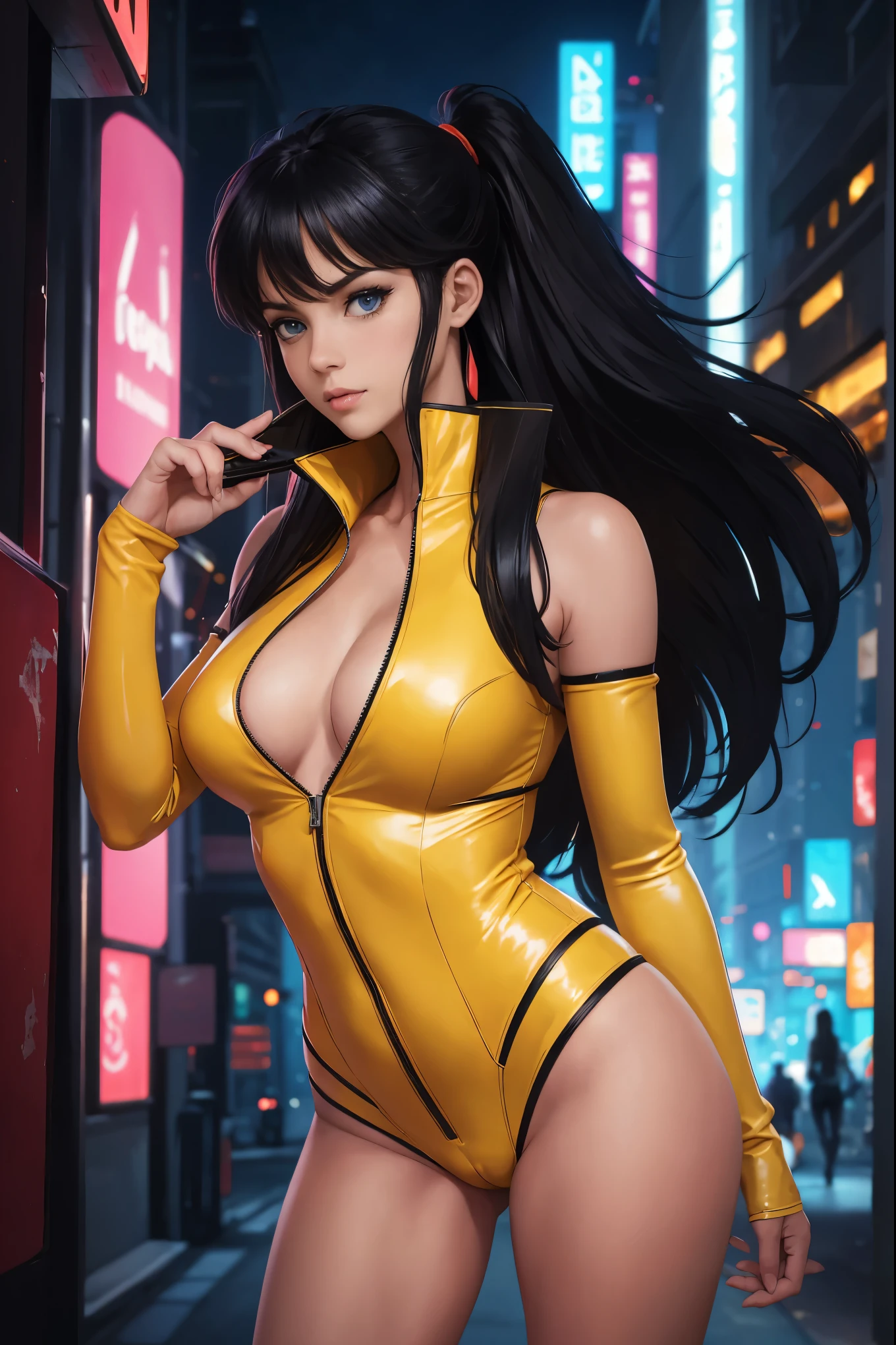 (best quality,ultra-detailed,portrait:1.2),vibrant colors,Yuri from The Dirty Pair,fierce expression,beautiful detailed eyes,arrogant smile,black hair,tight small yellow leather suit with red trim,standing in a futuristic city,holding a high-tech laser gun,glowing neon lights,shadowy alleyways and skyscrapers in the background,sharp and dynamic lighting,gritty atmosphere, large breasts, cleavage, show skin, yellow outfit with red trim