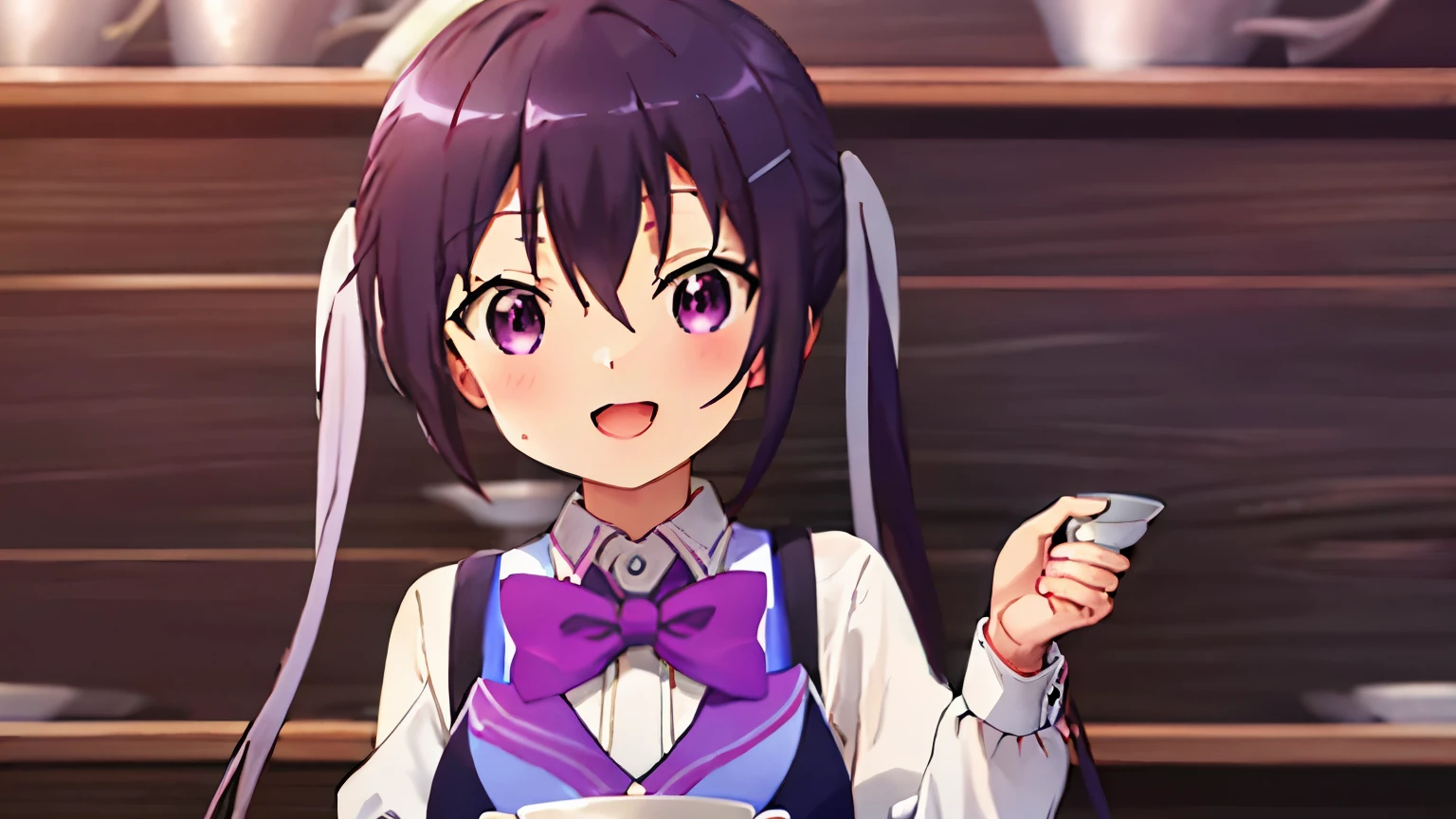 ((((ultra illustrated style:1.0)))),best quality,best animated,masterpiece,,ray tracing, global illumination,1girl, solo,upper body, looking at viewer,cafe, twintails,open mouth,rabbit house uniform,smile, collared shirt, shirt, white shirt, purple vest, purple bow, bow, vest, hair ornament, hairclip, long sleeves, purple bowtie, bowtie, wing collar, buttons, Holding a cup of coffee in hand,