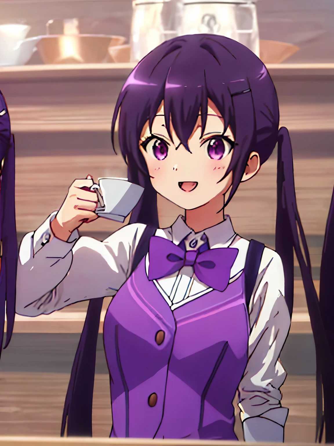 ((((ultra illustrated style:1.0)))),best quality,best animated,masterpiece,,ray tracing, global illumination,1girl, solo,upper body, looking at viewer,cafe, twintails,open mouth,rabbit house uniform,smile, collared shirt, shirt, white shirt, purple vest, purple bow, bow, vest, hair ornament, hairclip, long sleeves, purple bowtie, bowtie, wing collar, buttons, Holding a cup of coffee in hand,