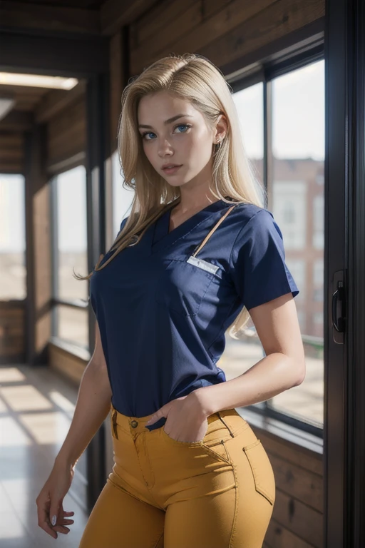 masterpiece, best quality, 85mm photo, shallow depth of field, very detailed, 8K resolution, solo, 1 woman, most beautiful 21yo nurse on earth, long blonde hair, blue eyes, detailed face and eyes, massive breasts, huge perky butt, big full lips, (navy blue scrubs, short sleeves, tight pants:1.1), real handuscular woman, very slender upper body, thick muscular thighs, huge quads:1.1), (front view, from the front, cowboy shot:1.3)
