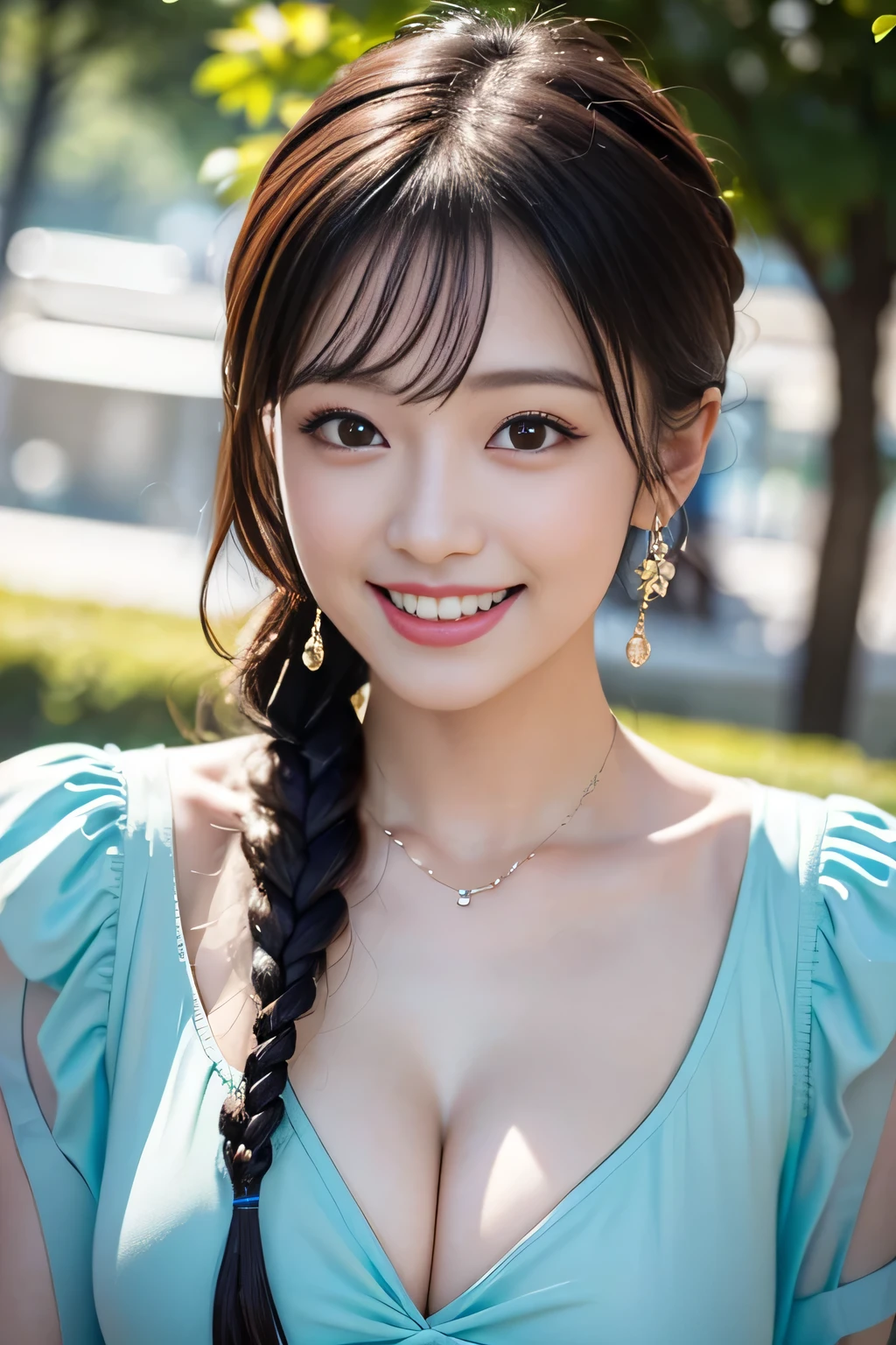 solo girl,stand in the park,casual summer knit dresses,(flower hair ornament,Braided top knot,Twisted side part ponytail braided headband,half up、Braided Space Van,voluminous fishtail braid,Twisted pan),(The bangs are see-through bangs),(((emphasize the chest:1.3))),(dynamic angle),(dynamic and sexy pose),(lean forward:1.3),(((a majestic statue))),Disturbance of clothing due to movement,Breast flick,hairpin,necklace,earrings,Beautiful woman,.perfect face,With a round face,(A smile that makes people happy:1.7),big and full breasts,,intricate details,very delicate and beautiful hair,realistic,dream-like,realistic shadow,focus only,beautiful hands,beautiful fingers,Detailed functions of fingers,Detailed features of the garment,Detailed characteristics of hair,detailed facial features,、(professional lighting),(Photoreal:1.3),(RAW photo.),(highest quality,Ultra high resolution output image,) ,(8K quality,),(Image mode Ultra HD,)
