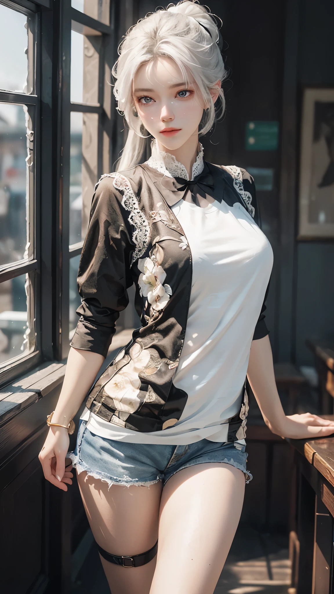 a white hair、Close-up of woman wearing white mask, beautiful figure painting, guweiz, guweiz style artwork, White-haired God, author:Yang Jie, Epic and beautiful character art, Stunning character art, author:Fan Qi, by Wuzhun Shifan, guweiz on pixiv artstation street, single ponytail, Side Mao Insult, high ponytail, tall figure, long legs, (sleeveless lace shirt), (shorts), (striped )), ((striped )), walk, elegant, dignified, feminine, Beautiful curves, sweet smile, Strong sense of detail and layering, Rich and gorgeous colors, Has a unique texture, colorful, Color harmony, vivid, design art, 16k, super detailed, {{illustration}}, {extremely delicate and beautiful}, {Sophisticated finish}, Super detailed, Exquisite glowing eyes, {{movie lighting}}, Extreme light effects, Model: realism, CFG scale: 12, lola: Bright texture (1.35), high quality, masterpiece, Exquisite facial features, Delicate hair depiction, Delicate depiction of eyes, masterpiece, best quality, Ray tracing, Extremely detailed CG unified 8k wallpaper, masterpiece, best quality, (1 girl), perfect female figure, (((tight white t shirt))), beautiful eyes, (delicate face), short black hair, hair tied up, Light blue hairpins, black silk frame glasses, in the classroom, (White skin), (best lighting), (Super intricate details), 4K unified, (super detailed CG), Showing white legs, , hot pants, shorts,