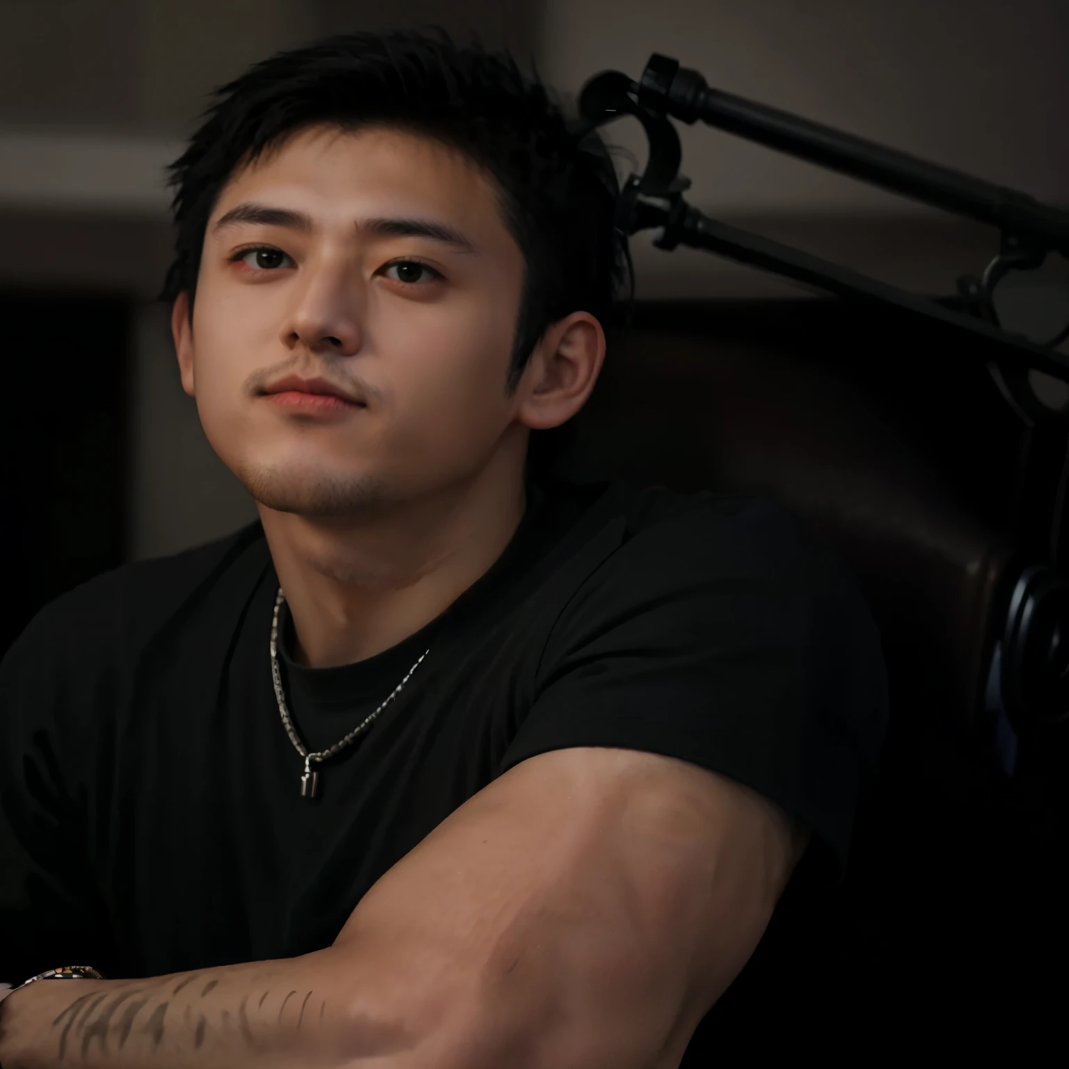 There's a man sitting in a chair with a microphone, guapo chad chin, greg araki, tommy 1 6 years, style of kentaro miura!!!!, he wears a black t-shirt, kentaro miura style, kentaro, nico tanigawa, in style of kentaro miura, rick dai, shigeto hirai yuya