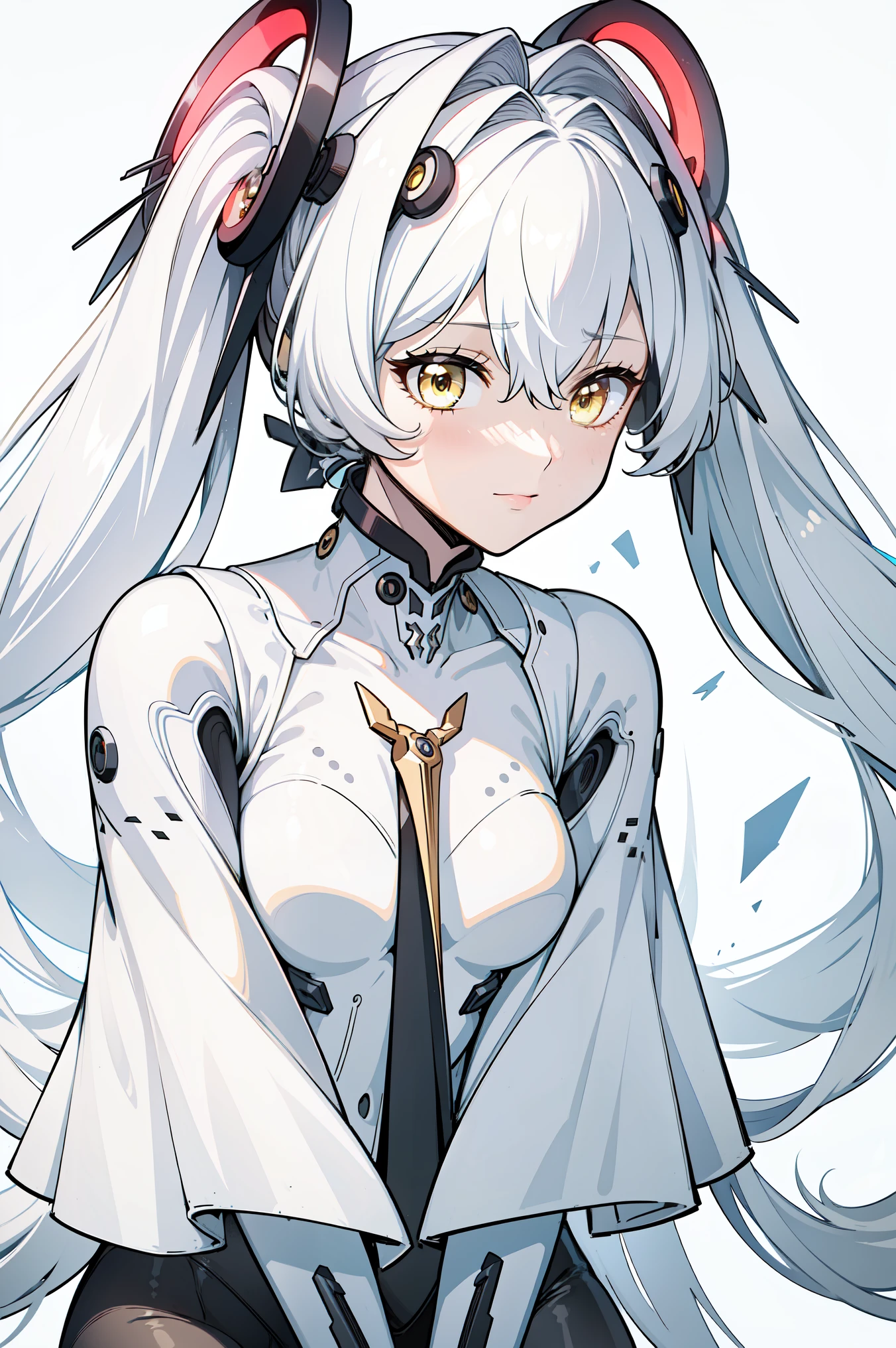 (masterpiece, best quality, ultra high quality:1.1), luna, close-up, 1girl, solo, sci-fi girl, young with long hair, platinum white hair, very long twintails, hair between eyes, yellow eyes, small breasts, , neutral, innexpressive, small smile, white clothes, babydoll, bodysuit, headgear,, leggings, black pantyhose, upper body, leaning forward, hands on knees, (upper body, volumetric lightning), white background, simple background