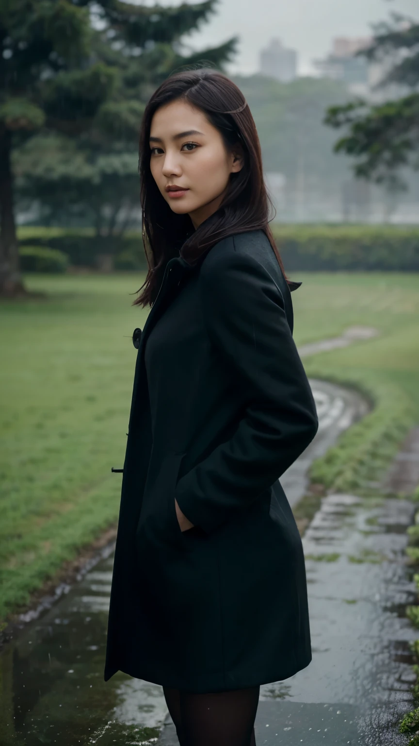 30 years old hong kong woman standing on large green land, rainy day, realistic skin, beautiful face, realistic skin, black winter overcoat, environment focus