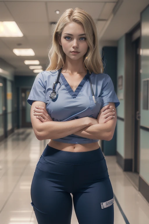 masterpiece, best quality, 85mm photo, shallow depth of field, very detailed, 8K resolution, solo, 1 woman, most beautiful 21yo nurse on earth, standing in bright hospital hallway, long blonde hair, blue eyes, detailed face and eyes, massive breasts, huge perky butt, big full lips, (navy blue scrubs, short sleeves, tight pants:1.1), real hands, shredded fit body, zero body fat, (slender toned upper body, thick muscular thighs, huge quads:1.3), (facing camera directly, from the front, cowboy shot, arms crossed:1.3)