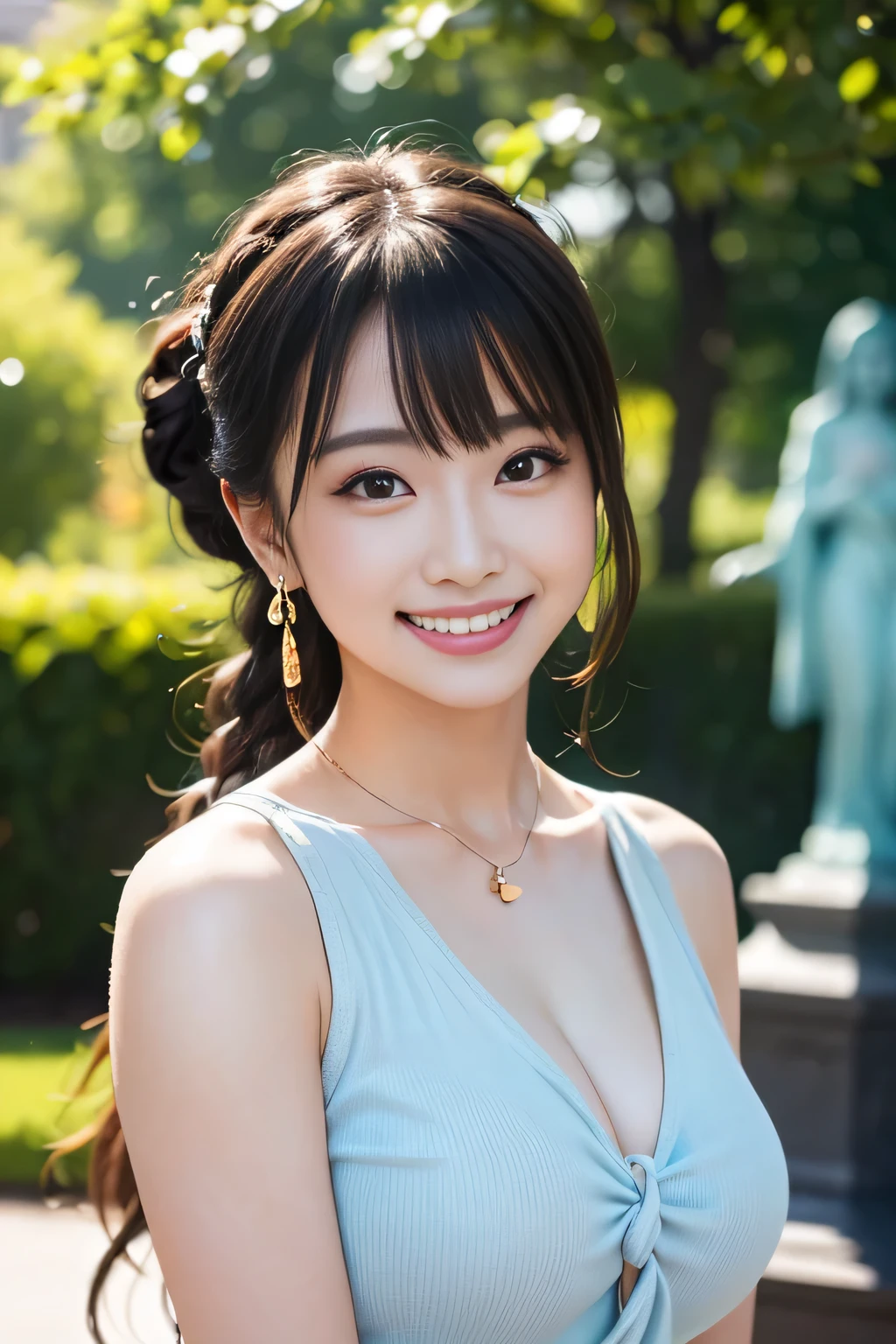solo girl,stand in the park,casual summer knit dresses,(flower hair ornament,Braided top knot,Twisted side part ponytail braided headband,half up、Braided Space Van,voluminous fishtail braid,Twisted pan),(The bangs are see-through bangs),(((emphasize the chest:1.3))),(dynamic angle),(dynamic and sexy pose),(lean forward:1.3),(((a majestic statue))),Disturbance of clothing due to movement,Breast flick,hairpin,necklace,earrings,Beautiful woman,.perfect face,With a round face,(A smile that makes people happy:1.7),big and full breasts,,intricate details,very delicate and beautiful hair,realistic,dream-like,realistic shadow,focus only,beautiful hands,beautiful fingers,Detailed functions of fingers,Detailed features of the garment,Detailed characteristics of hair,detailed facial features,、(professional lighting),(Photoreal:1.3),(RAW photo.),(highest quality,Ultra high resolution output image,) ,(8K quality,),(Image mode Ultra HD,)