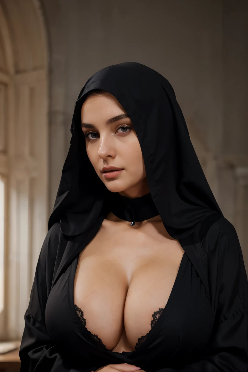 woman nun in black robe, Beautiful italian woman prays, a sexy girl, a beautiful, pushing big breasts, photo of a beautiful, Young sexy woman, beautifully soft lighting, The Goddess, woman, detailed eyes and face, beautiful detailed eyes, choker around the neck, beautiful detailed lips, extremely detailed eyes and face, Sexy young woman, Gray background, gorgeous soft lighting