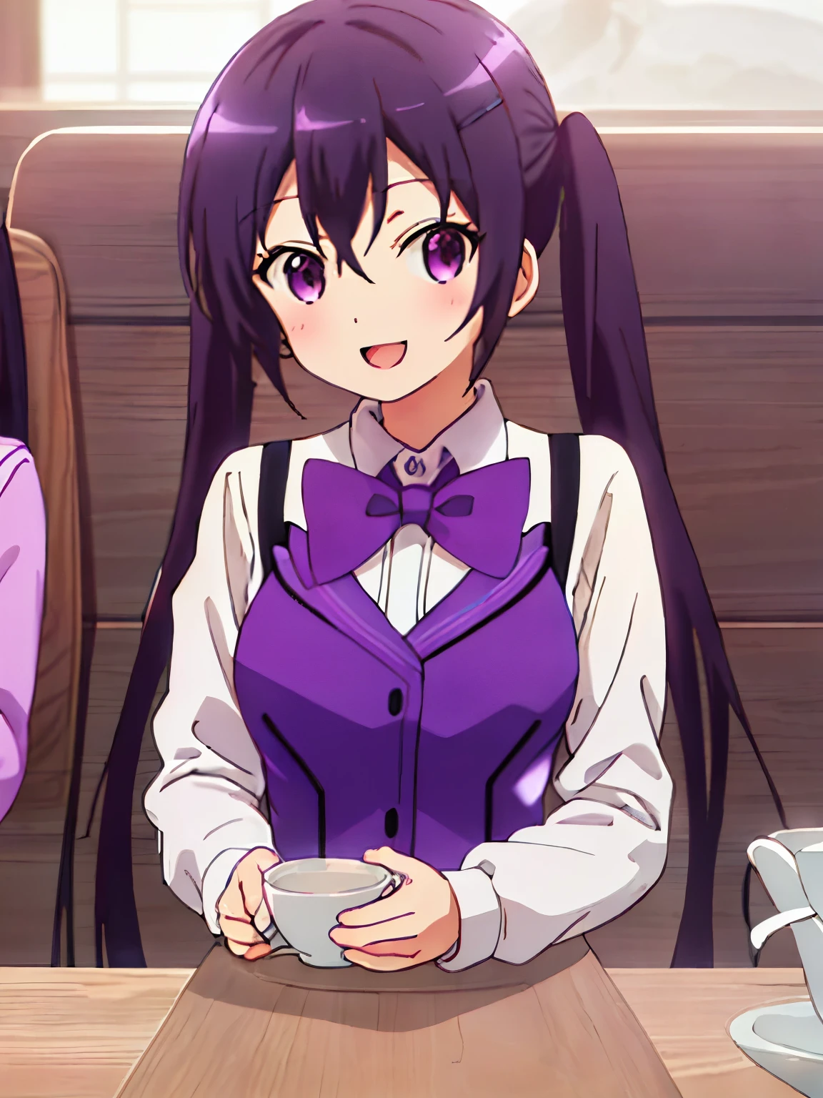 ((((ultra illustrated style:1.0)))),best quality,best animated,masterpiece,,ray tracing, global illumination,1girl, solo,upper body, looking at viewer,cafe, twintails,open mouth,rabbit house uniform,smile, collared shirt, shirt, white shirt, purple vest, purple bow, bow, vest, hair ornament, hairclip, long sleeves, purple bowtie, bowtie, wing collar, buttons, Holding a cup of coffee in hand,