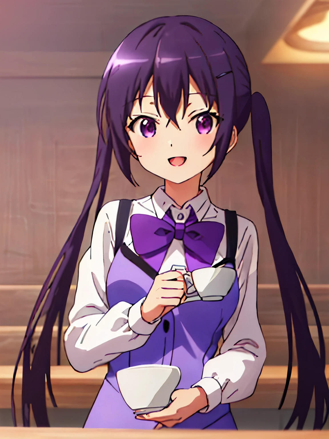 ((((ultra illustrated style:1.0)))),best quality,best animated,masterpiece,,ray tracing, global illumination,1girl, solo,upper body, looking at viewer,cafe, twintails,open mouth,rabbit house uniform,smile, collared shirt, shirt, white shirt, purple vest, purple bow, bow, vest, hair ornament, hairclip, long sleeves, purple bowtie, bowtie, wing collar, buttons, Holding a cup of coffee in hand,