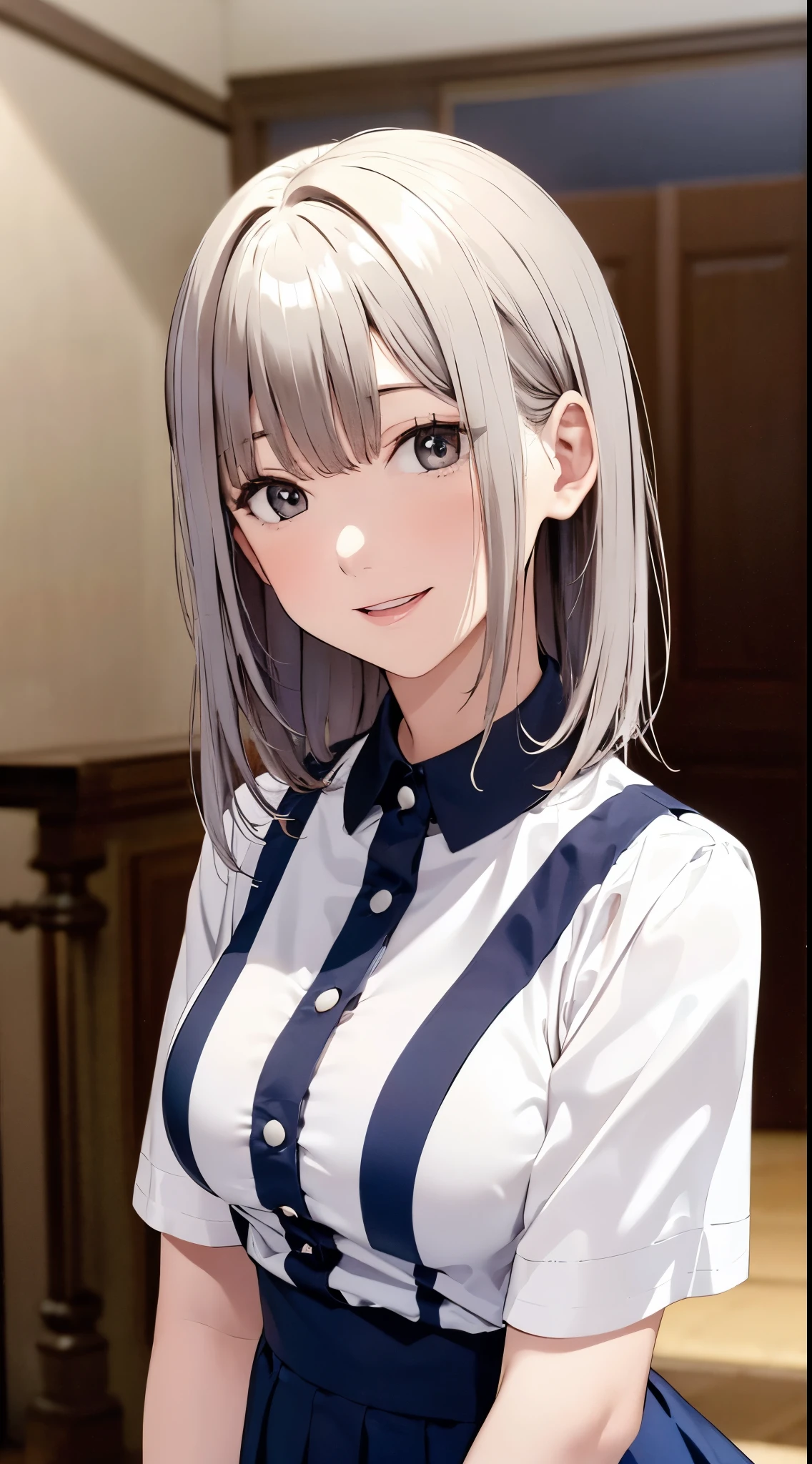 best quality, detailed face, highres, 1girl, 28yo, middle breast, smile, good anatomy, soft focus, cinematic lighting, depth of field, ((happy expression)), park background, white hair, silky shirts, long skirt