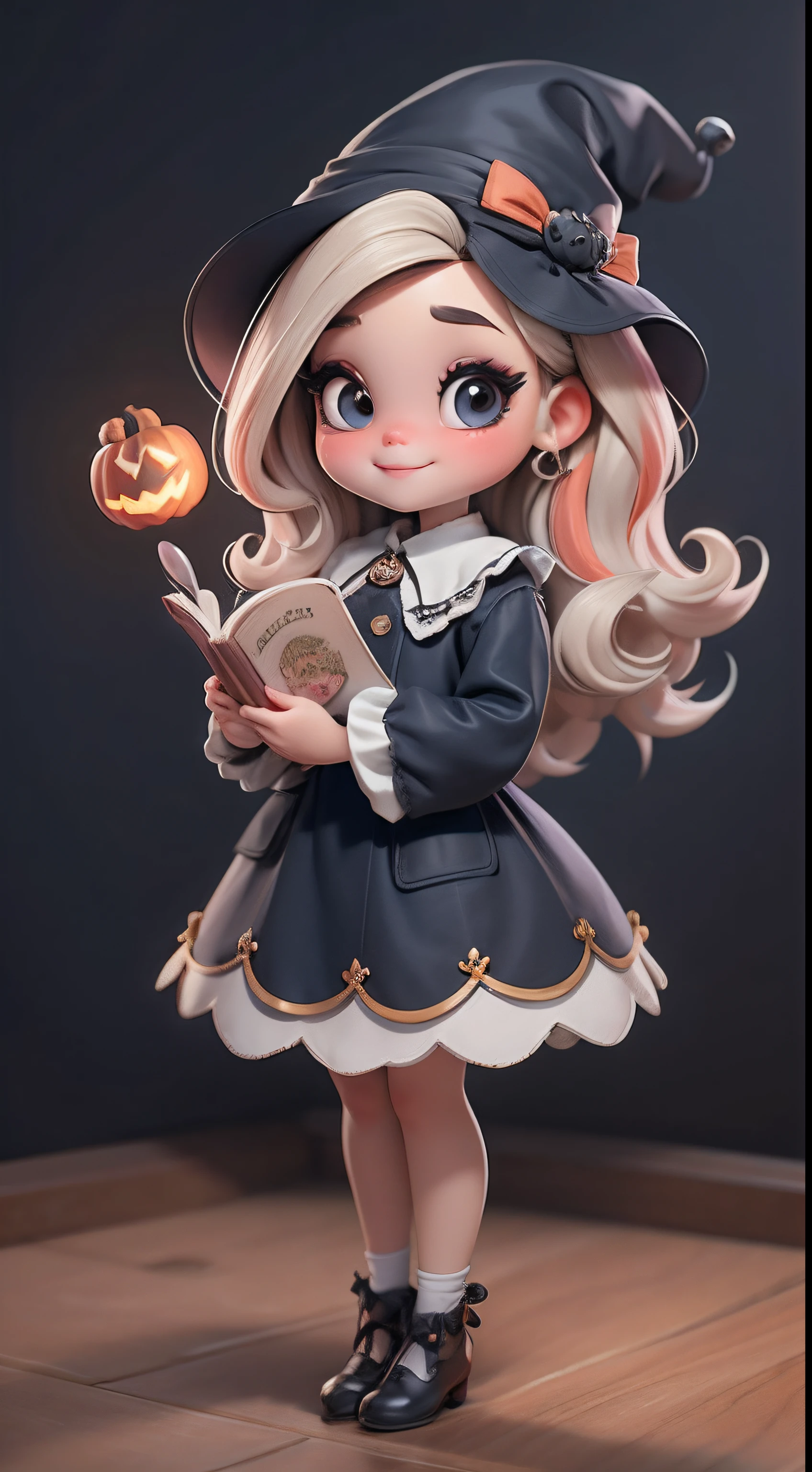 Create a set of cute chibi-style black dolls with a cute Halloween theme, each with lots of details and in 8K resolution. All dolls should follow the same solid color background pattern and be complete in the image, zeigt die (Full body, including the legs: 1.5)

Boneca Mini Halloween: Nennen Sie sie Marina. Sie muss kurzes, mehrfarbiges Haar haben. Your eyes should be large and expressive, mit langen Wimpern und rosigen Wangen. Soft and white smile. Brille, Zauberstab und ein Zauberbuch. Marina muss ein Kleid tragen, ein verzierter Hut. Sie sollte Halloween-Accessoires mitbringen. Certifique-se de adicionar detalhes nas Kleidung, like buttons and pockets, nice shoe. Achten Sie darauf, to add shadows, Texturen und Details im Haar, Kleidung, Halloween-Utensilien, um sie noch bezaubernder und bezaubernder zu machen.