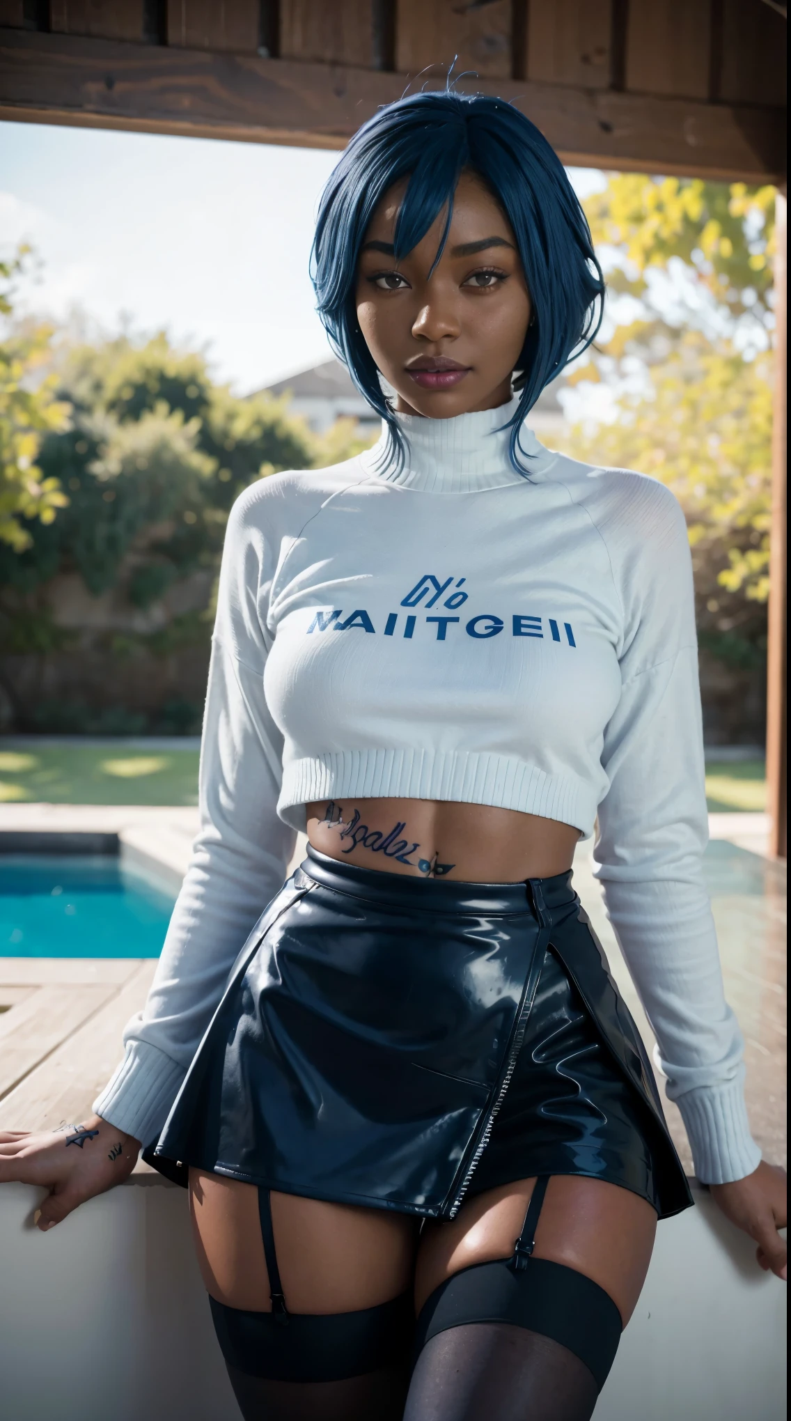 30 years old, gorgeous cute African girl, Lewd smile, freckles, (dark skin:1.5), (Gigi Hadid:1.1), (medium blue hair:1.5), (lora:detail_slider_v4:1), masterpiece, high quality, (lora:FreckledV:0.7), Fr3ckles, freckles, long hair, ginger hair, grey eyes, (Pool), (lora:wh1t3:0.77) wh1t3,worn white sweater,black latex thighhighs,miniskirt,black skirt, famous beautiful model, good young girl, (masterpiece:1.0),(best_quality:1.0), ultra high res,4K,ultra-detailed, photography, 8K, HDR, highres, absurdres:1.2, Kodak portra 400, blurry background, bokeh, lens flare, (vibrant_color:1.2),professional photograph, (the_tattoo:1.4), (beautiful_face:1.5),(narrow_waist). --v 6