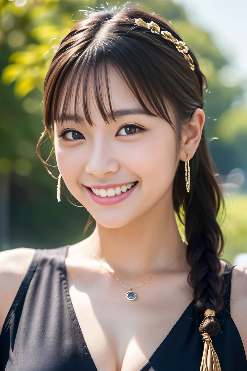 solo girl,stand in the park,casual summer knit dresses,(flower hair ornament,Braided top knot,Twisted side part ponytail braided headband,half up、Braided Space Van,voluminous fishtail braid,Twisted pan),(The bangs are see-through bangs),(((emphasize the chest:1.3))),(dynamic angle),(dynamic and sexy pose),(lean forward:1.3),(((a majestic statue))),Disturbance of clothing due to movement,Breast flick,hairpin,necklace,earrings,Beautiful woman,.perfect face,With a round face,(A smile that makes people happy:1.7),big and full breasts,,intricate details,very delicate and beautiful hair,realistic,dream-like,realistic shadow,focus only,beautiful hands,beautiful fingers,Detailed functions of fingers,Detailed features of the garment,Detailed characteristics of hair,detailed facial features,、(professional lighting),(Photoreal:1.3),(RAW photo.),(highest quality,Ultra high resolution output image,) ,(8K quality,),(Image mode Ultra HD,)