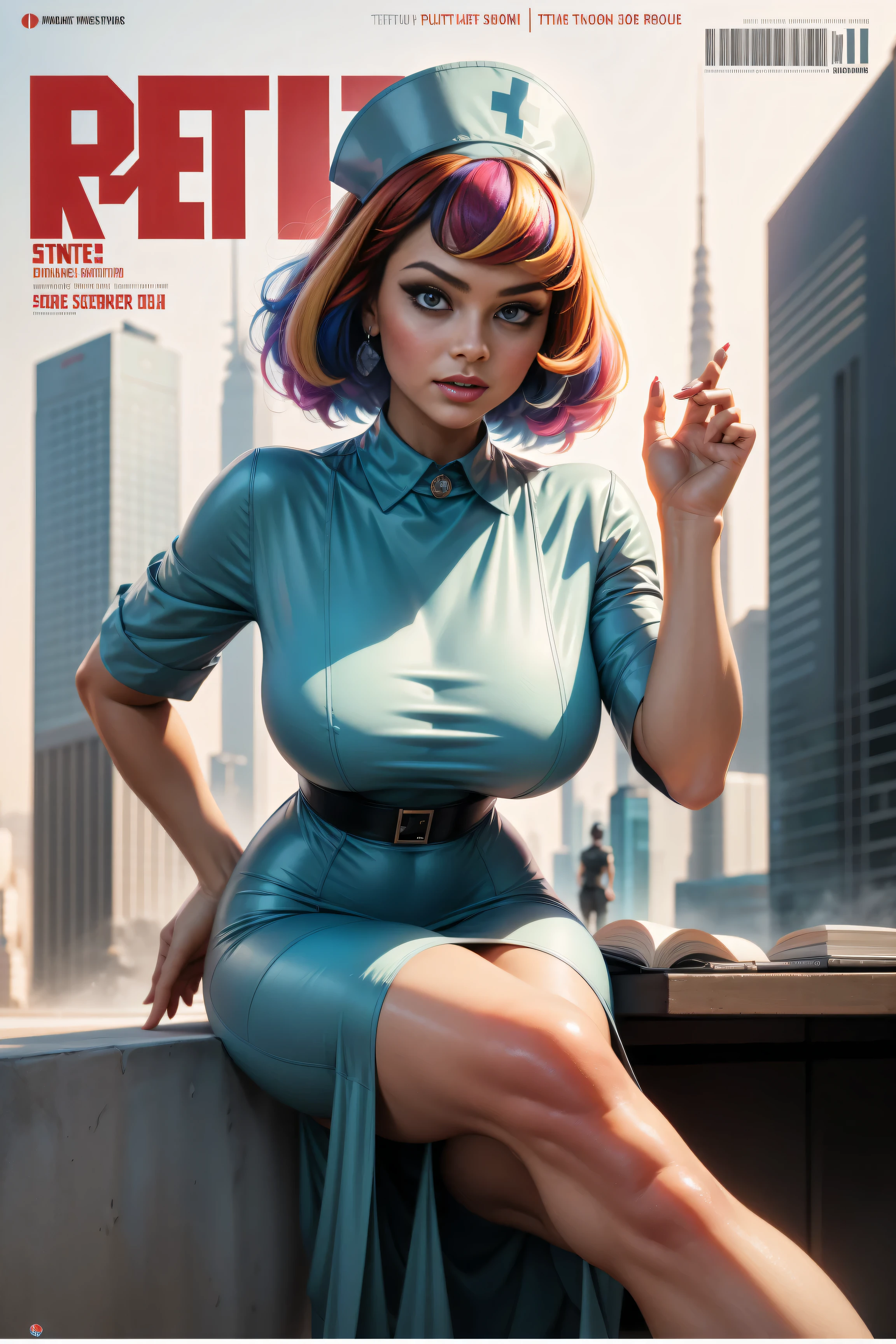 (Masterpiece, Best Quality), 8k Wallpaper, highly detailed, poster, vintage sci-fi film, 1960s, a magazine cover with sexy giant nurse towering over a tiny city, a portrait by Paul Kane, cinematic movie poster, perfect face, Lime green hair, Attack of the 50 foot woman, giant woman, tiny city, lines, abstract, mid century modern, movie poster, vintage, white nurse uniform, stiletto high heel shoes, tiny destroyed skyscrapers city, retrofuturism, pulp sci fi, pulp sci-fi, 60's pulp illustration, scifi pulp, pulp book cover art, pulp scifi, old retro pulp comic cover, pulp science fiction, pulp scifi illustration, vintage scifi, skyscrapers sized under her knee