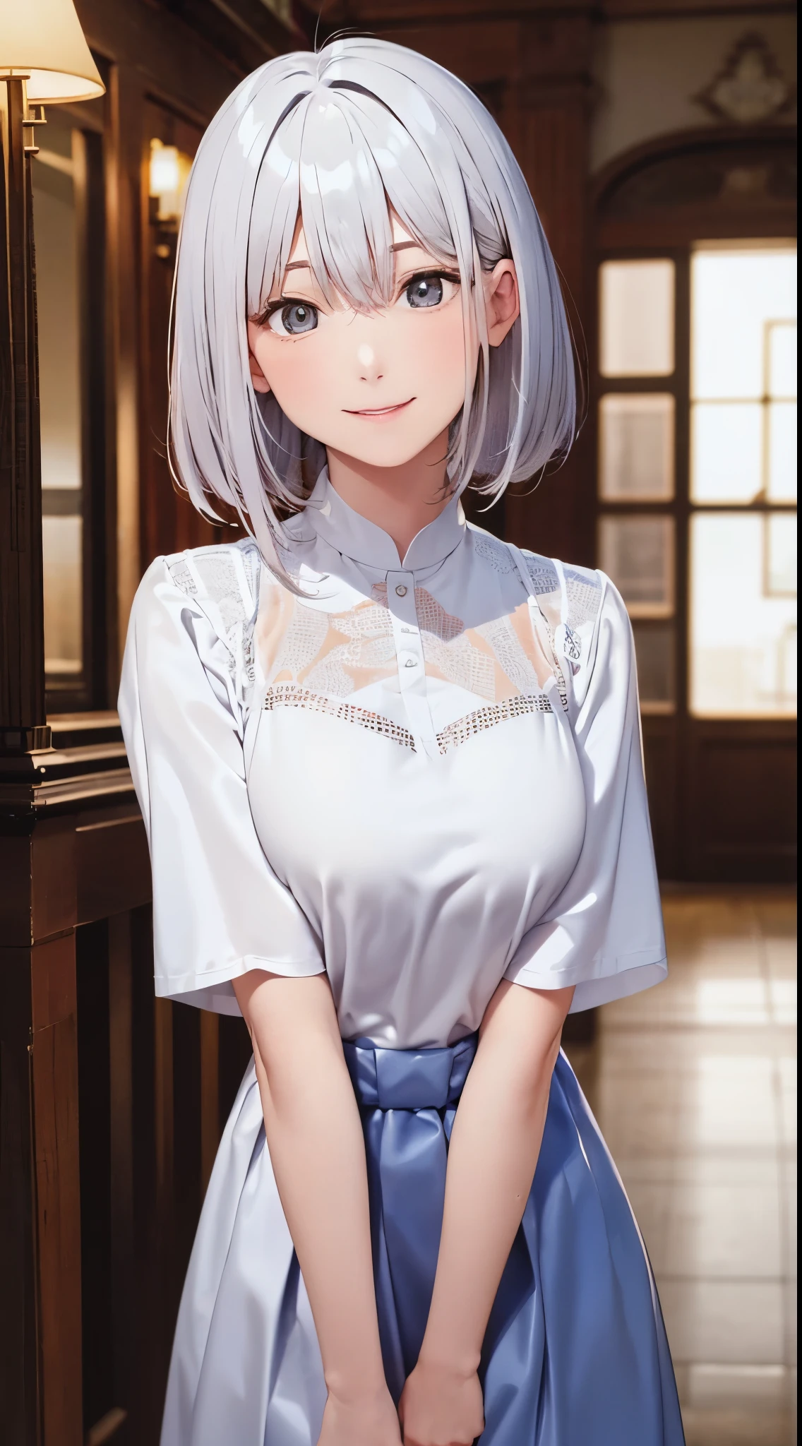 highest quality、Realistic、Women、zoom、cute、Orange Eyes、Silver Hair、short hair、China dress、smile、Looking down、smile、Bust Shot、