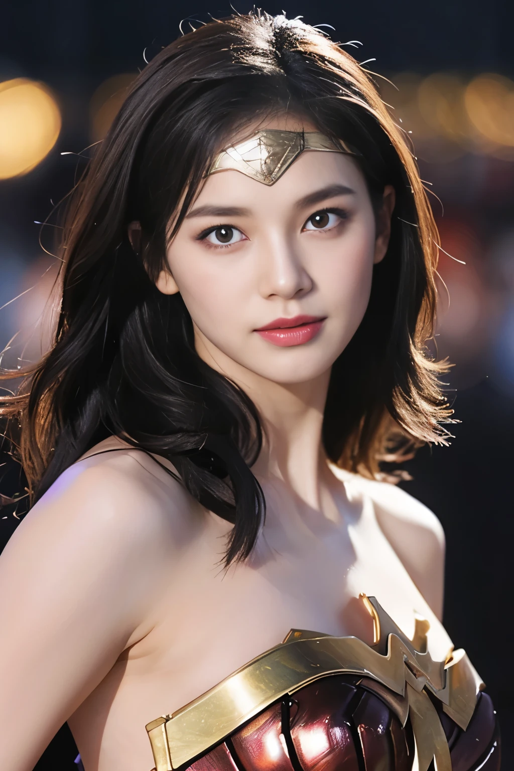 It's raining heavily,heavy rain,water dripping、wet wonder woman、drenched wonder woman,wet hair,masterpiece、1 beautiful girl、fine eyes、puffy eyes、highest quality, 超High resolution, (reality: 1.4), movie lighting、Japanese、asian beauty、Korean、super beautiful、beautiful skin、body facing forward、close up of face、(超reality的な)、(High resolution)、(8k)、(very detailed)、(美しくfine eyes)、(Super detailed)、 (wall-)、detailed face、bright lighting、professional lighting、looking at the viewer、look straight ahead、slanted bangs、brown hair、Nogizaka Idol、korean idol、fiery idol pose、、25 years old、wonder woman cosplay,wonder woman tiara