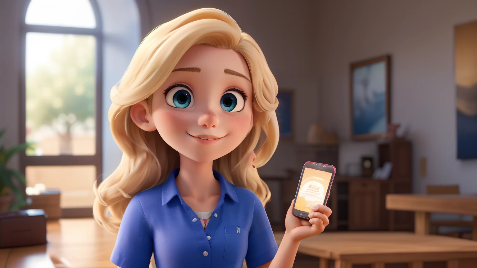 ((melhor qualidade)), ((obra de arte)), (detalhado), rosto perfeito, full body of young blonde girl with straight hair with blue eyes with credit card in hand wearing a blue shirt looking forward showing full body