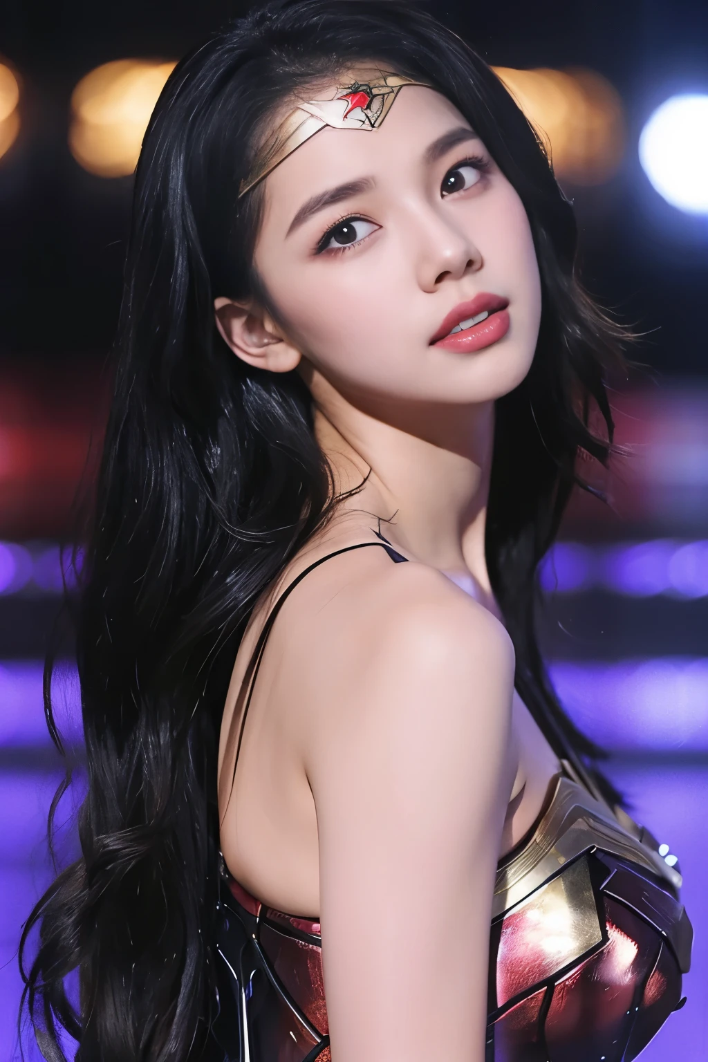 best quality, (masterpiece), (detailed), perfect adore face, portrait of ung Chinese girl, plump body, silky long hair, strapless bra, hyper-realistic photo, post-apocalyptic, (sweats drip on skins), sun-tanned light, (huge breast, bare shoulders, ample cleavage), watching metal music concert on stage