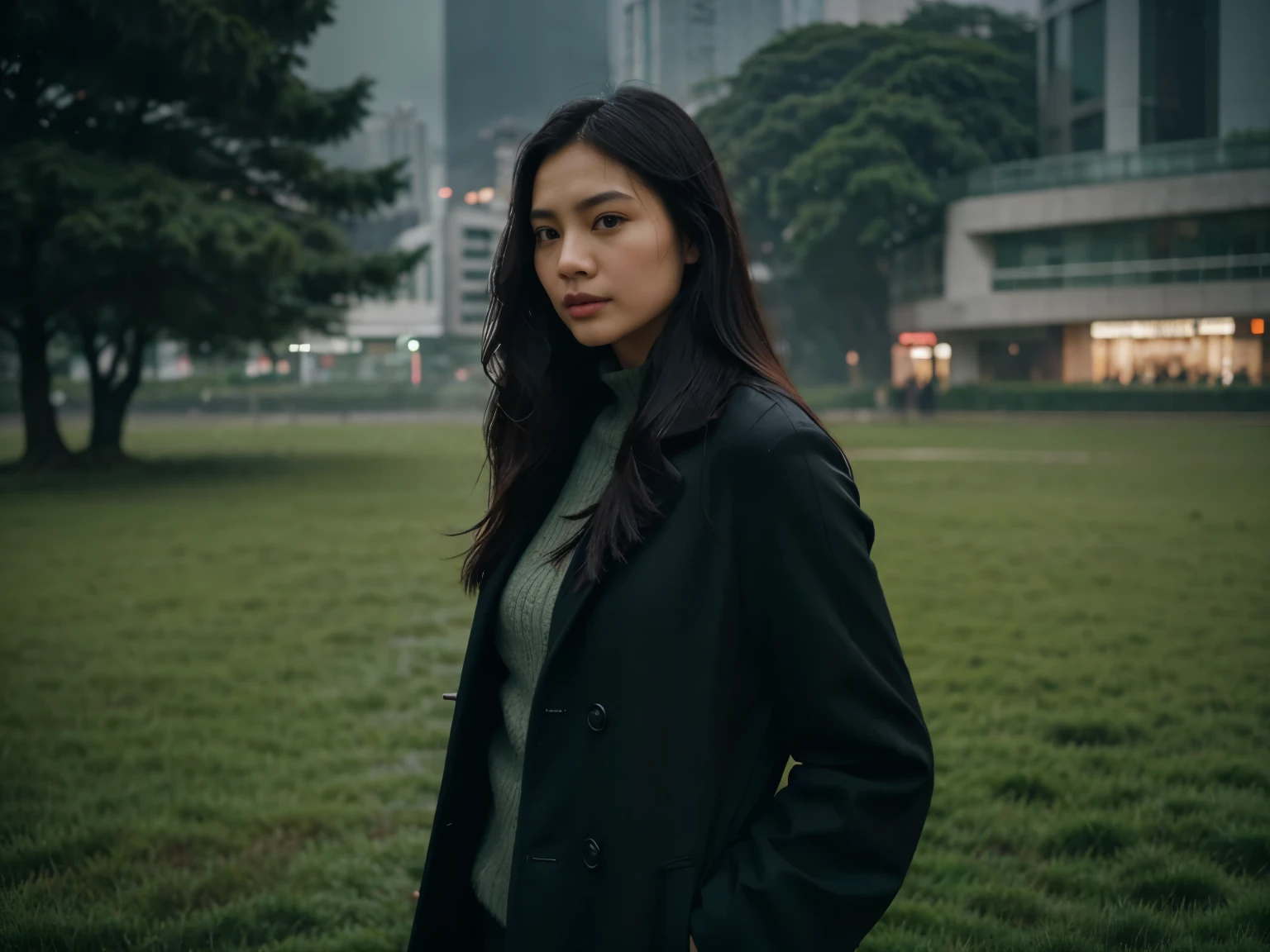 30 years old hong kong woman standing on large green land, rainy day, realistic skin, beautiful face, realistic skin, black winter overcoat, environment focus, big environment, black long hair, super wide angle lens