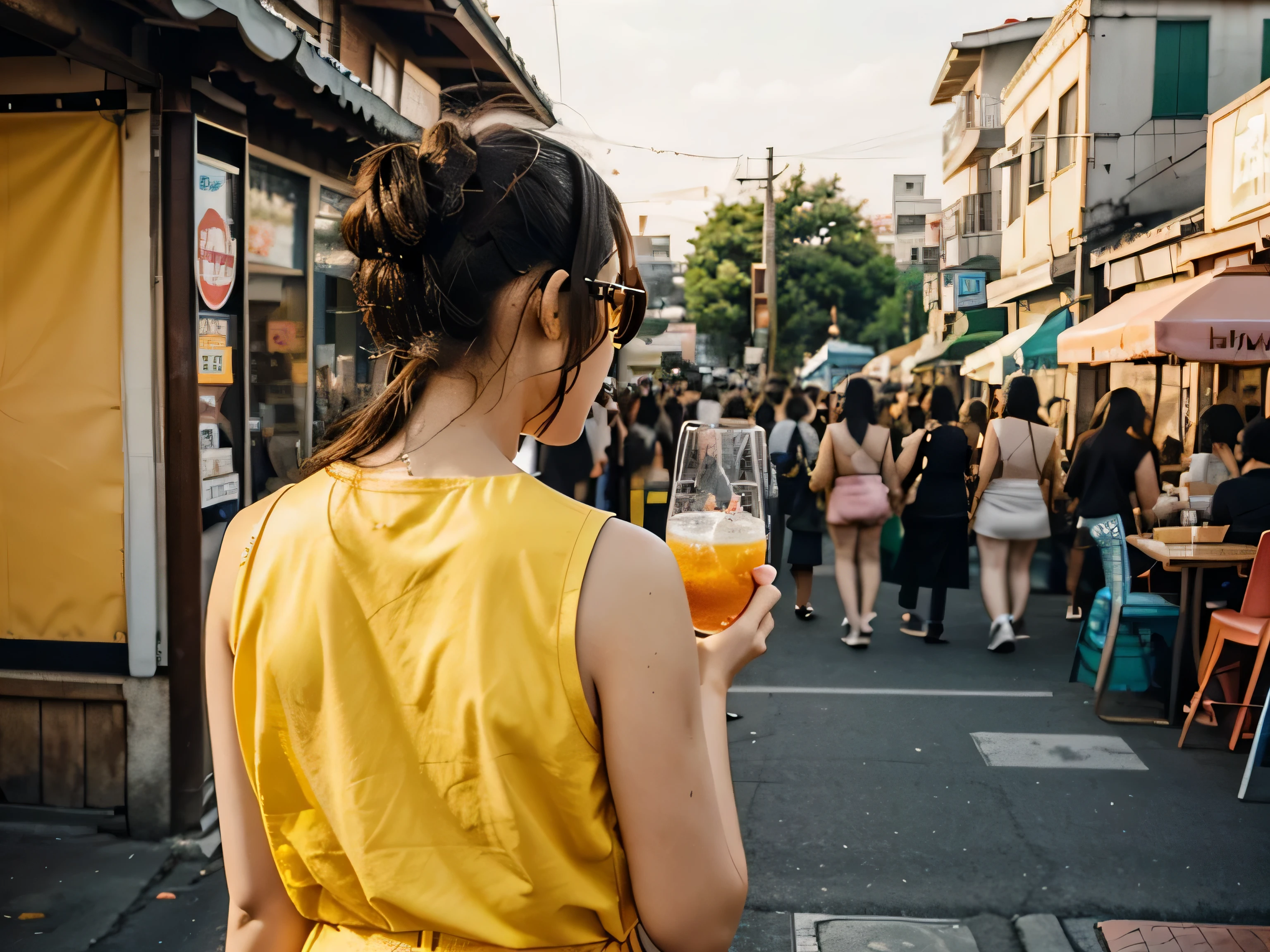 angle view , back view, distance from view, a long distance away from the camera, Silhouette, Distant figure, Outline, Vague shape, Distant landmark, Distant person, Small figure, Far-off person, Minimal detail, Figure in the distance, an illustration of a stylish happy girl 18-25 age with sunglasses holding a glass of orange juicy, in the style of yoh nagao, lively tavern scenes, outdoors and, yellow and pink, drugcore, cult party kei, fragmented advertising, playful use of line.