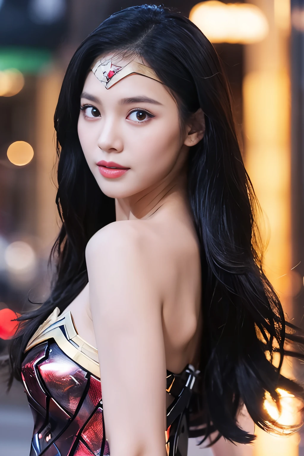 It's raining heavily,heavy rain,water dripping、wet wonder woman、drenched wonder woman,wet hair,masterpiece、1 beautiful girl、fine eyes、puffy eyes、highest quality, 超High resolution, (reality: 1.4), movie lighting、Japanese、asian beauty、Korean、super beautiful、beautiful skin、body facing forward、close up of face、(超reality的な)、(High resolution)、(8k)、(very detailed)、(美しくfine eyes)、(Super detailed)、 (wall-)、detailed face、bright lighting、professional lighting、looking at the viewer、look straight ahead、slanted bangs、brown hair、Nogizaka Idol、korean idol、fiery idol pose、、25 years old、wonder woman cosplay,wonder woman tiara