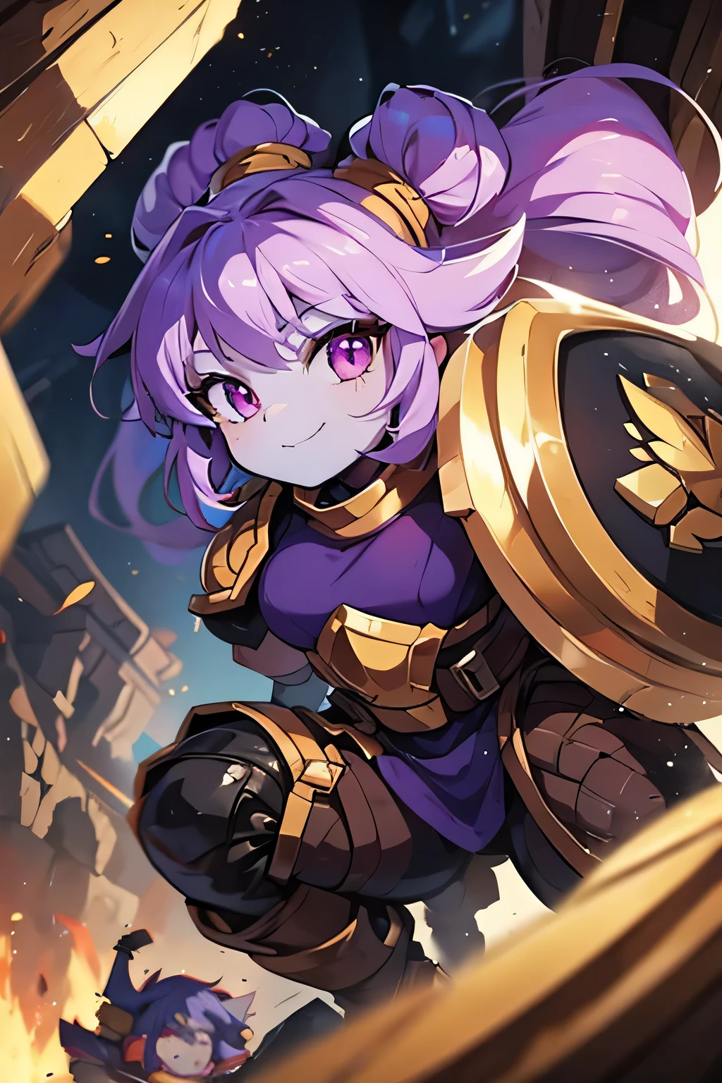 Garota Yordle, Vestindo Armadura Pesada de Paladino, cabelo roxo curto, playful smile, golden eyes and fur, behind a shield much bigger than her, action stance